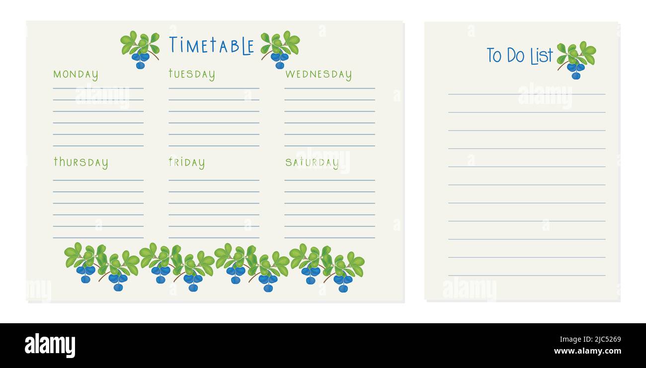 Stundenplan Blueberry, Klassenplan, Wochenkalender und To-Do-Liste. Wochenplan. Vorlage für Organizer-Informationen. Leerer Schulplan. Leere To-Do-Liste. Planung von Planungsblättern. Vektorgrafik Stock Vektor