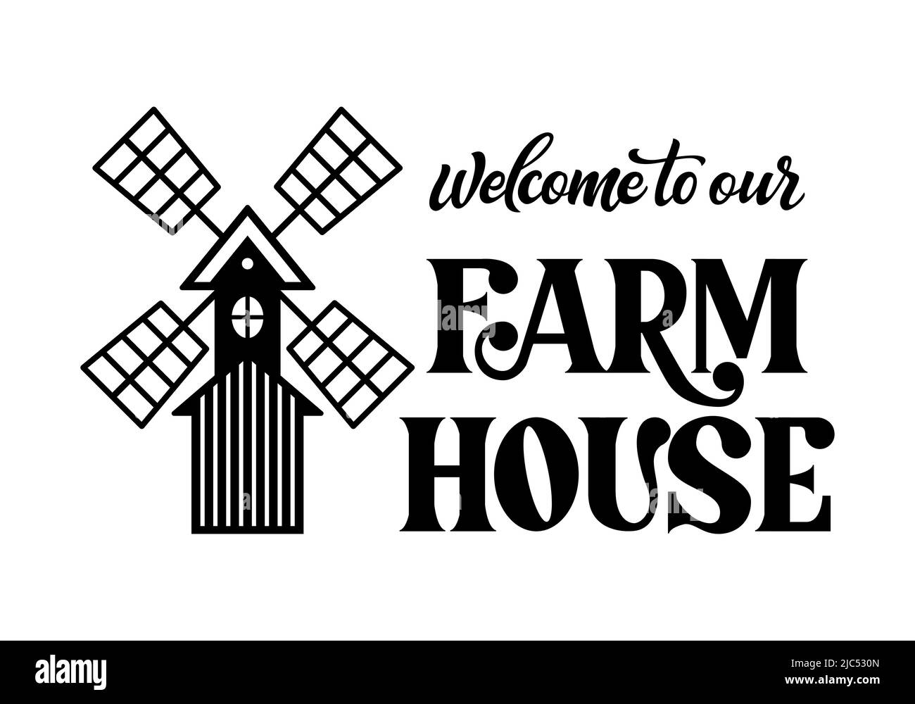 Willkommen bei Farm House Home Design mit Schriftzug. Glückliches handgezeichnetes Poster isoliert auf weißem Hintergrund. Vektoretikett und Design für Ihr Unternehmen Stock Vektor