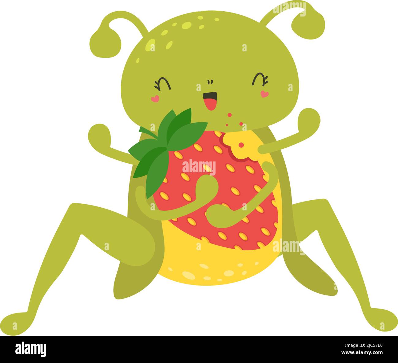 Grasshopper Cliparts im niedlichen Cartoon-Stil schöne Clip Art Grasshopper isst Erdbeeren. Vektorgrafik eines Insektengrafiks für Drucke für Kleidung Stock Vektor