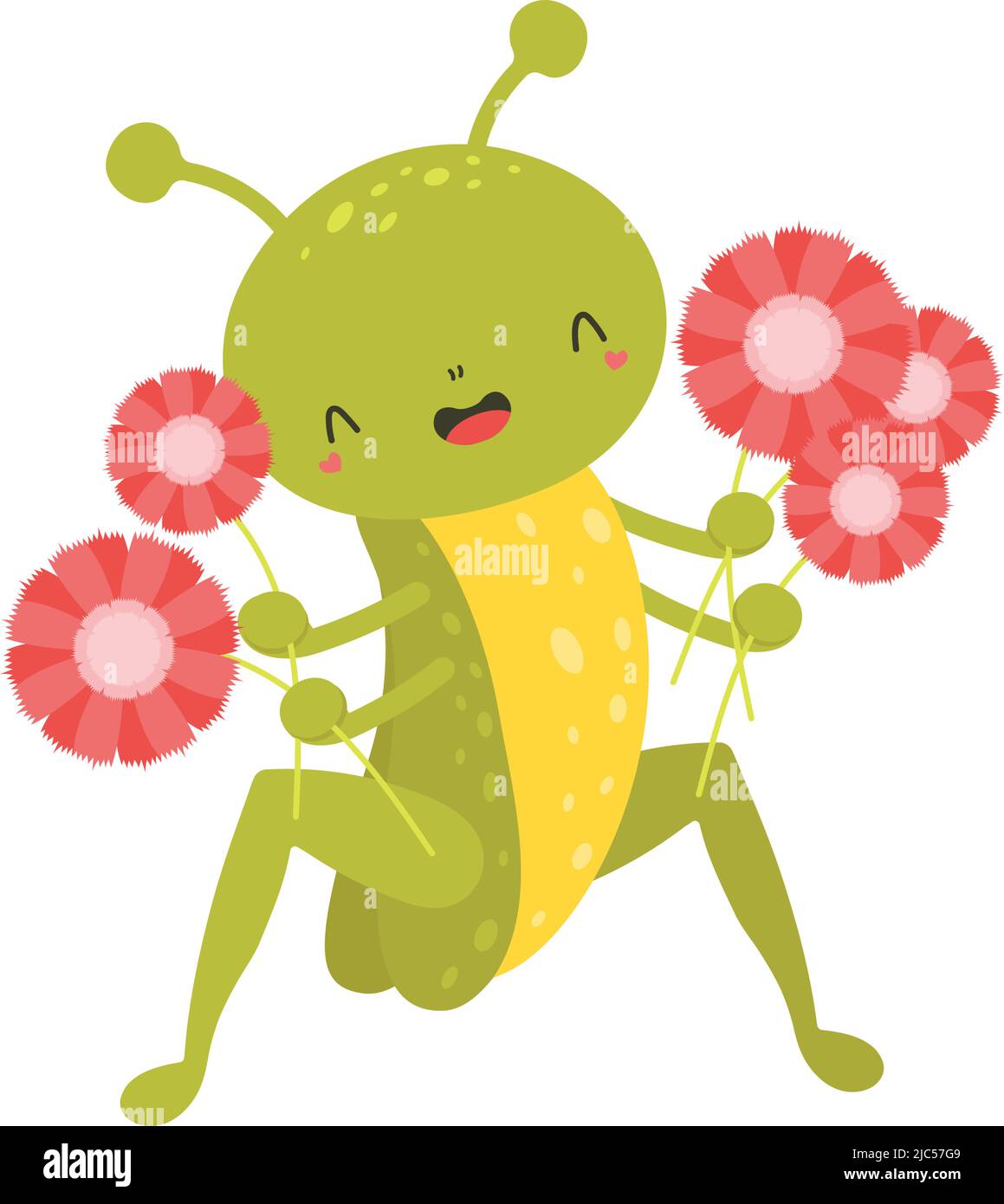 Clipart Grasshopper im Cartoon-Stil. Niedliche Clip Art Grasshopper mit Blumen. Vektor-Illustration eines Insekts für Aufkleber, Einladung zur Babydusche Stock Vektor