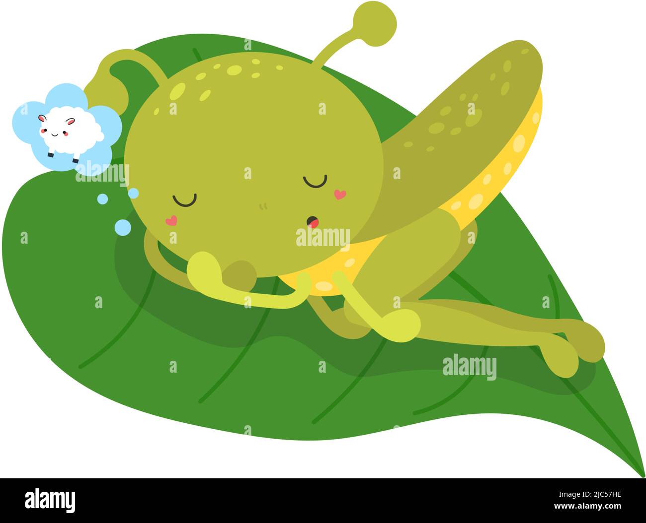 Cute Grasshopper Clipart für Kinder Feiertage und Waren. Happy Clip Art Grasshopper schläft auf einem Blatt. Vektorgrafik eines Insektenpräparers für Aufkleber Stock Vektor