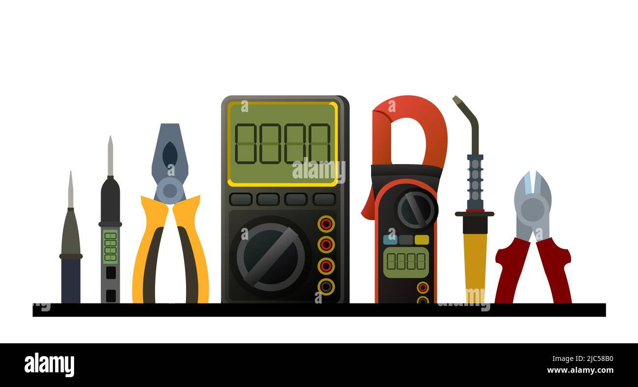 Werkzeuge für Elektriker. Reparatur von Funkelektronik und Mikroprozessoranlagen. Ersatzteile, Komponenten und Service. Isoliert auf weißem Hintergrund Stock Vektor