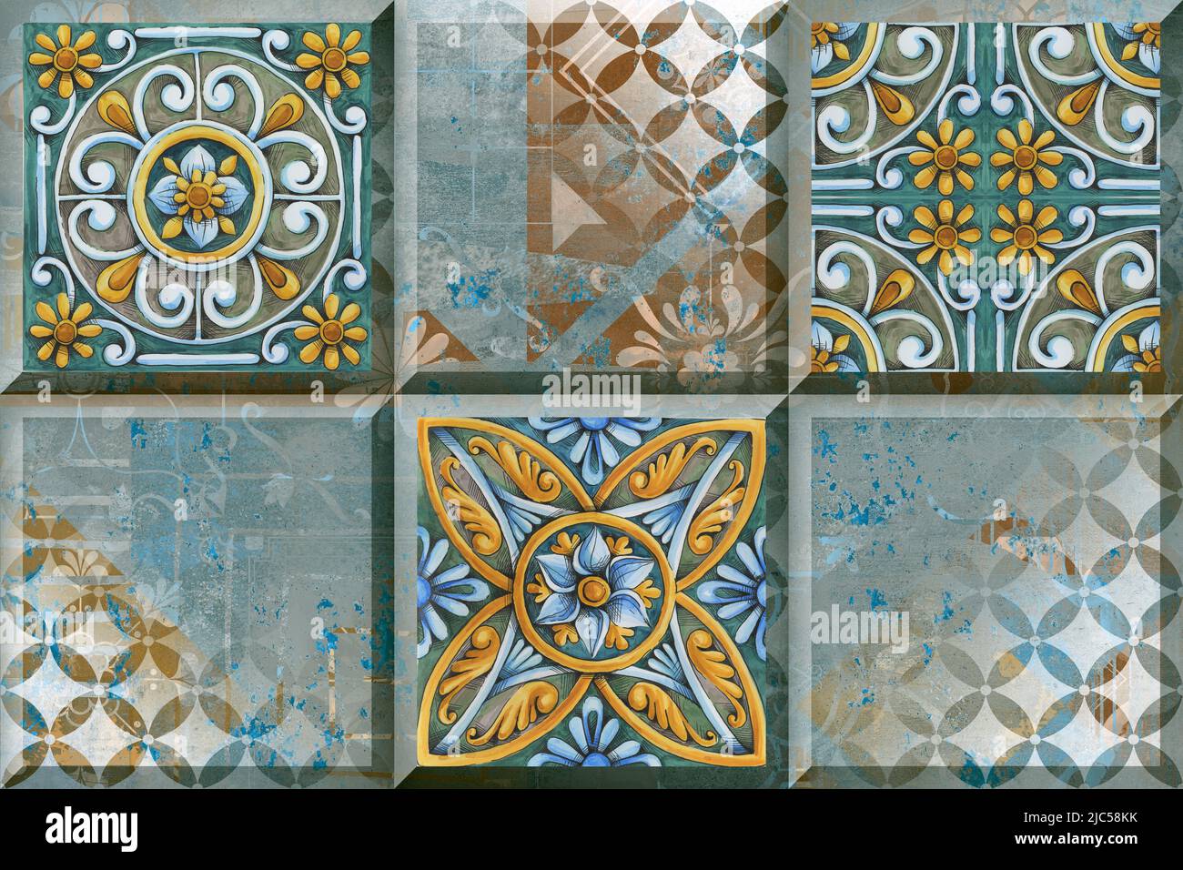 Rustikales Wandfliesen Design Damast Muster zur Dekoration, 3D marokkanisches Design Stockfoto