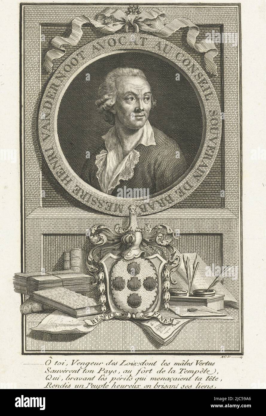 Porträt des brabanischen Politikers Henri van der Noot, der eine wichtige Rolle in der Brabant Revolution spielte. Unter dem Porträt sein Familienwappen und Bücher und Schriften., Porträt von Henri van der Noot, Druckerei: Antoine Cardon, (erwähnt auf Objekt), Druckerei: Antoine Alexandre Joseph Cardon, (erwähnt auf Objekt), Brüssel, (möglicherweise), c. 1787 - c. 1790, Papier, Radierung, Gravur, H 197 mm × B 128 mm Stockfoto