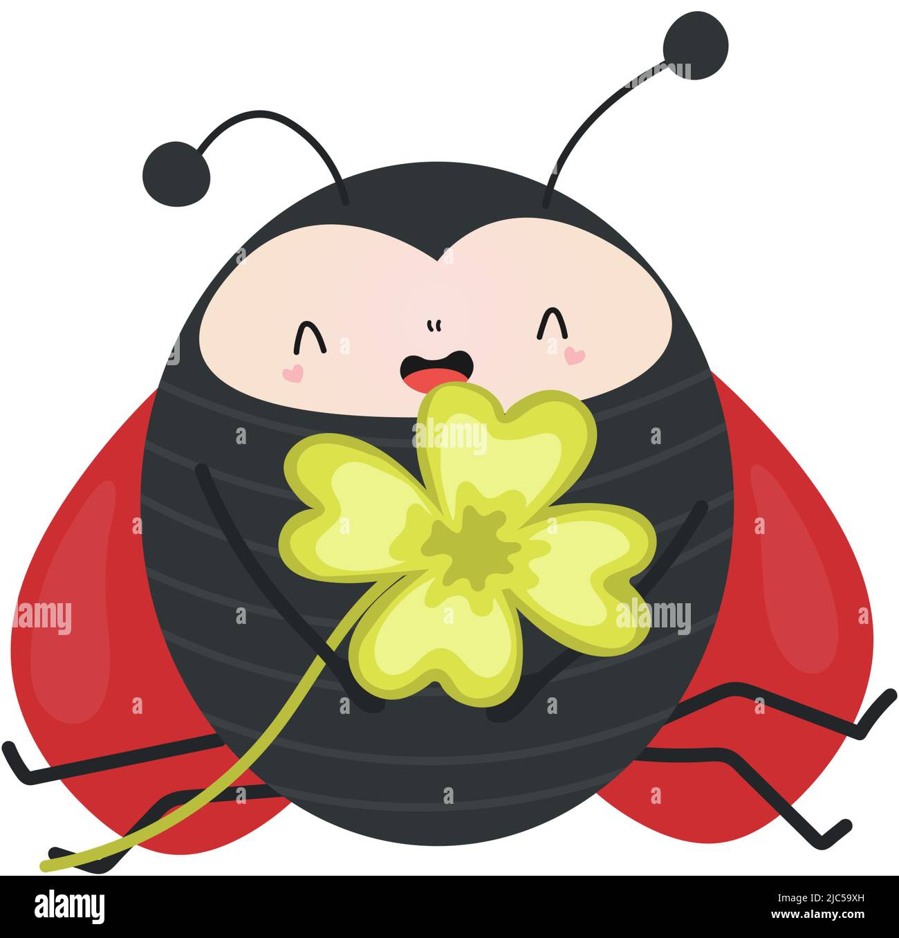 Ladybug Cliparter Character Besign. Baby Clip Art Marienkäfer mit Kleeblatt. Vektor-Illustration eines Tieres für Drucke für Kleidung, Aufkleber, Babydusche Stock Vektor