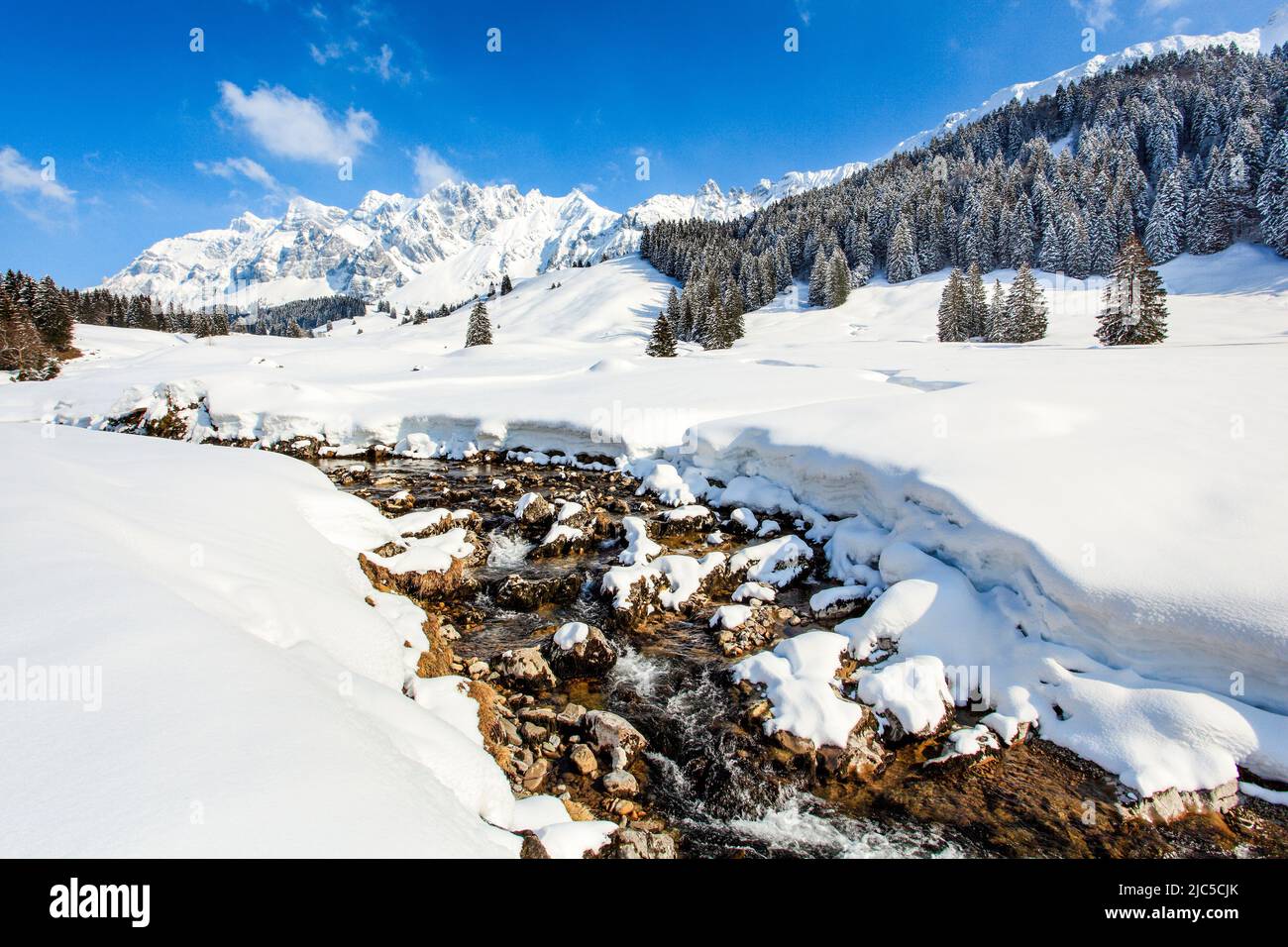 Blick von Lutertannen mit Bachlauf Luteren im Vordergrund und dem tief verschneite Alpsteinmassiv mit Säntis im Hintergrund, Appenzell, Schweiz *** Stockfoto