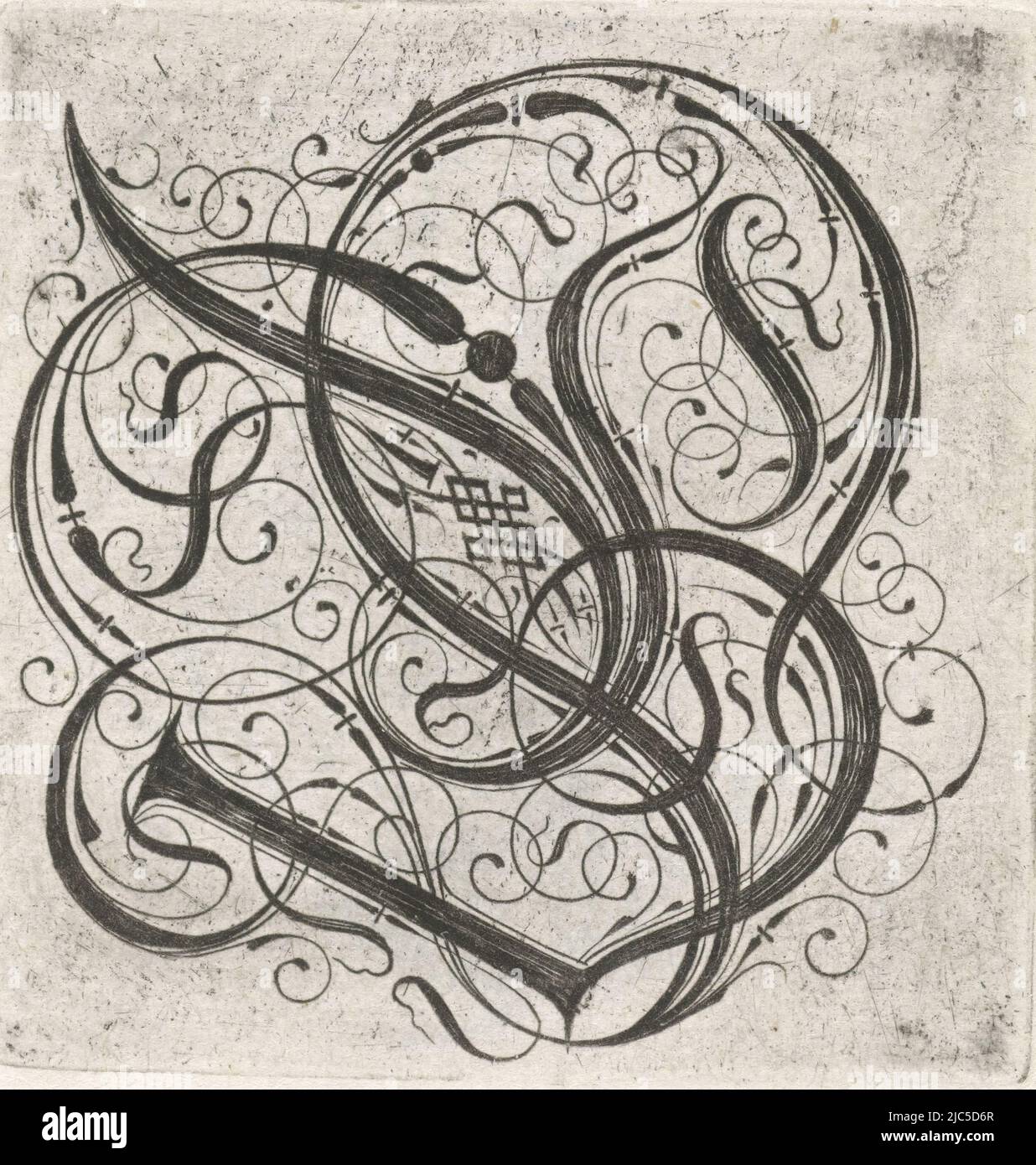 Aus einer Serie von 24 gotischen Buchstaben mit Zopf: A-I, K-T und V-z., Buchstabe B Alphabet (Serientitel), Druckerei: Anonym, anonym, Verlag: Anonym, Niederlande, (Möglicherweise), c. 1600 - c. 1699, Papier, Gravur, H 57 mm - B 56 mm Stockfoto