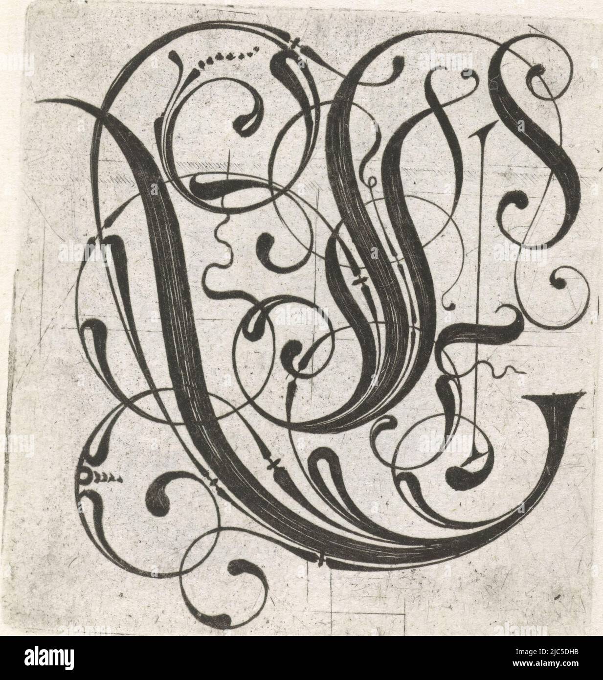 Aus einer Serie von 24 gotischen Buchstaben mit Zopf: A-I, K-T und V-z., Buchstabe E Alphabet (Serientitel), Druckerei: Anonym, anonym, Verlag: Anonym, Niederlande, (Möglicherweise), c. 1600 - c. 1699, Papier, Gravur, H 63 mm - B 56 mm Stockfoto