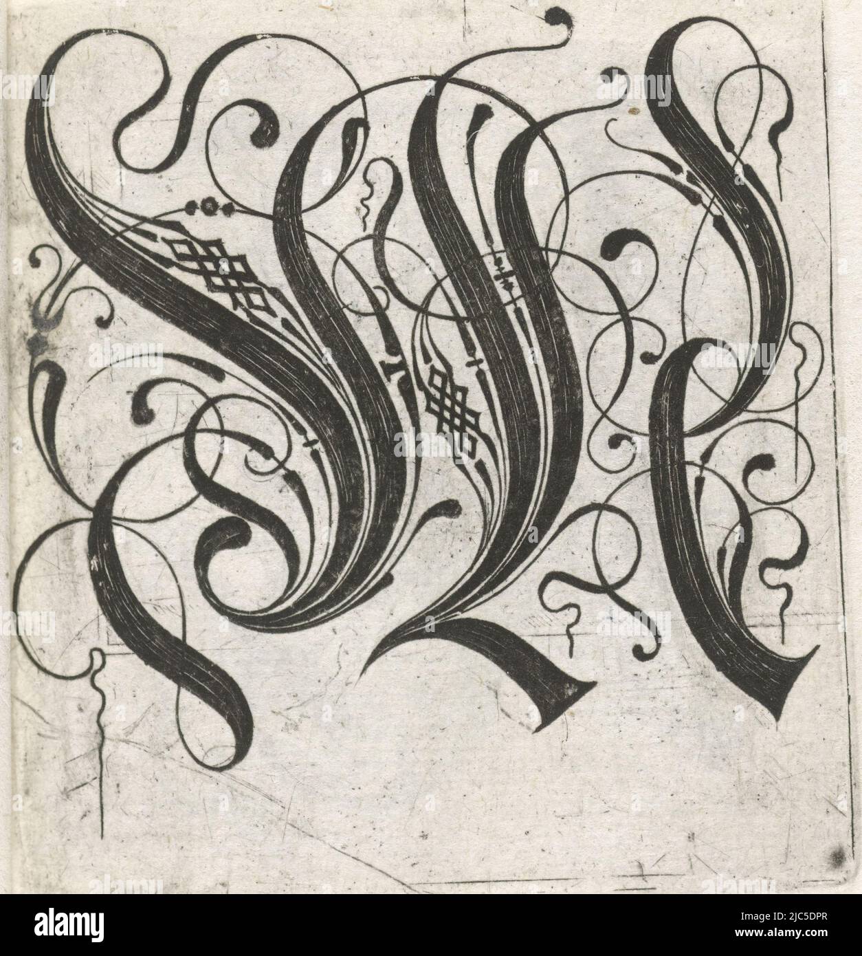 Aus einer Serie von 24 gotischen Buchstaben mit Zopf: A-I, K-T und V-z., Buchstabe M Alphabet (Serientitel), Druckerei: Anonym, anonym, Verlag: Anonym, Niederlande, (Möglicherweise), c. 1600 - c. 1699, Papier, Gravur, H 62 mm - B 57 mm Stockfoto