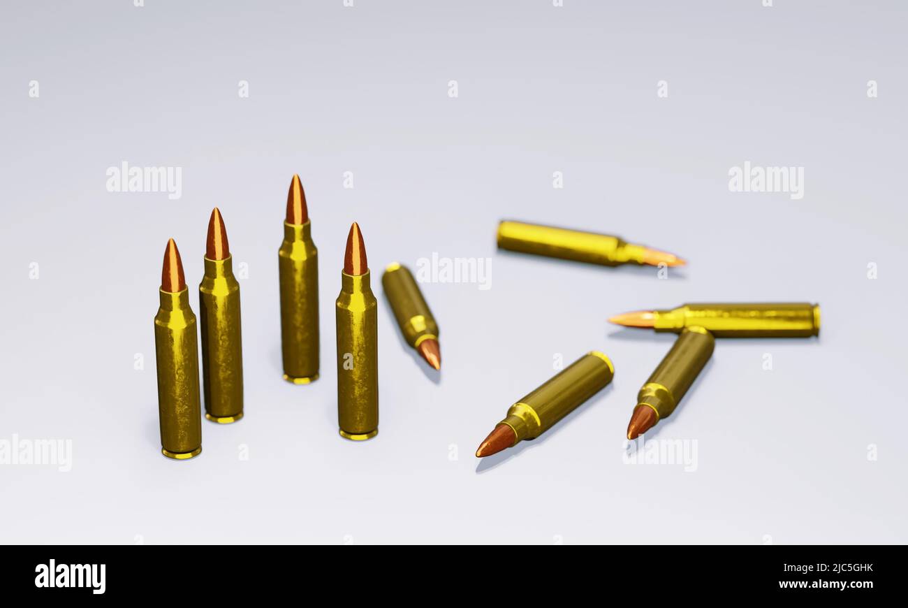 3D Wiedergabe von Nahaufnahme von Gewehrkugeln für Waffenkonzept. Stockfoto