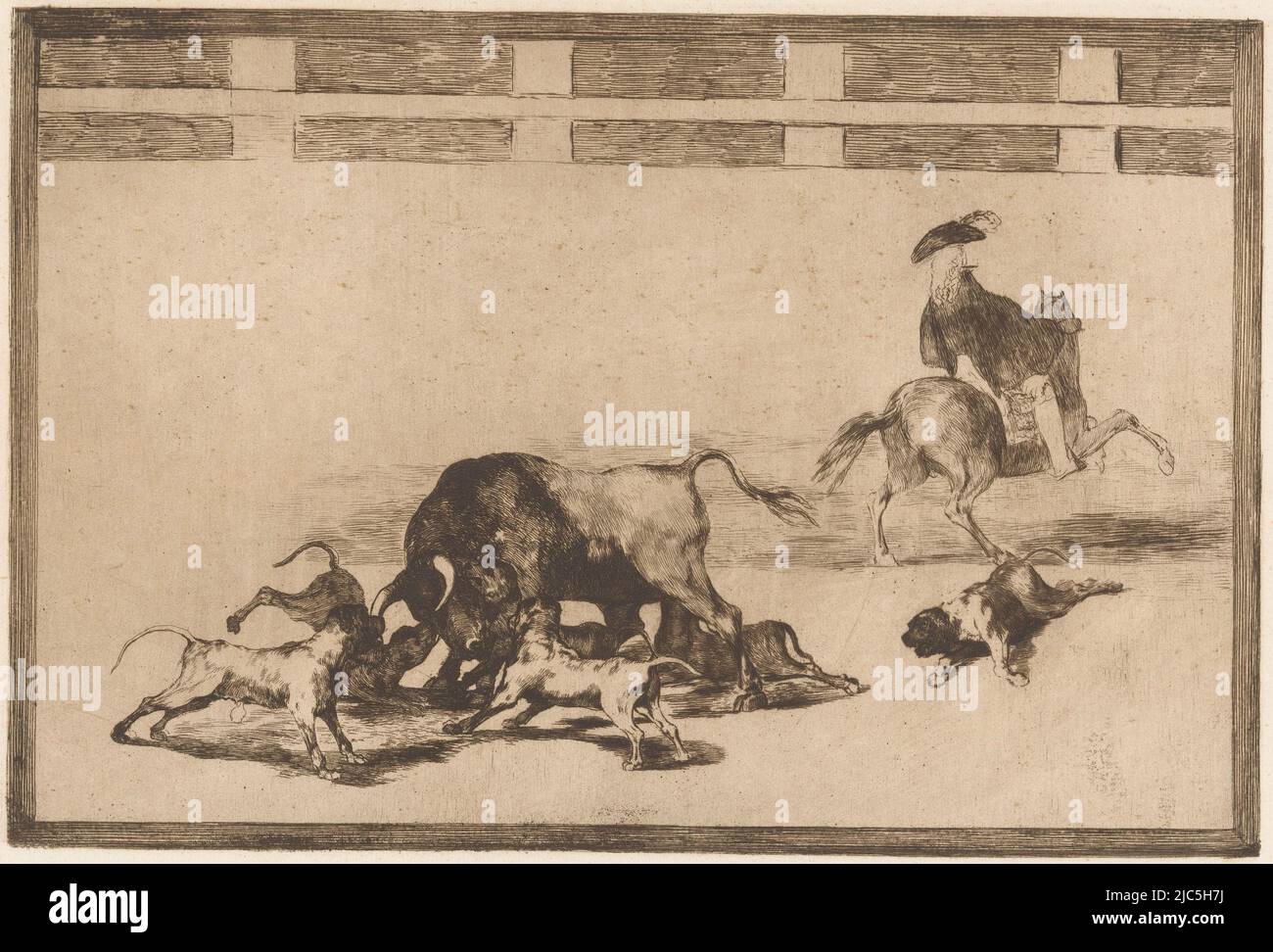 Fünf Hunde greifen einen Stier in einer Arena an. Ein Hund liegt verwundet auf dem Boden. Rechts ein Mann auf dem Pferderücken, von hinten gesehen. Nummeriert oben rechts: 25., Bulle von Hunden angegriffen Echan perros al toro Bullfighting (Serientitel) La Taureaumachie (Serientitel) La Tauromaquia (Serientitel), Druckerei: Francisco de Goya, Verlag: Eugène Loizelet, Druckerei: Spanien, Verlag: Paris, 1876, Papier, Radierung, H 246 mm × B 353 mm Stockfoto