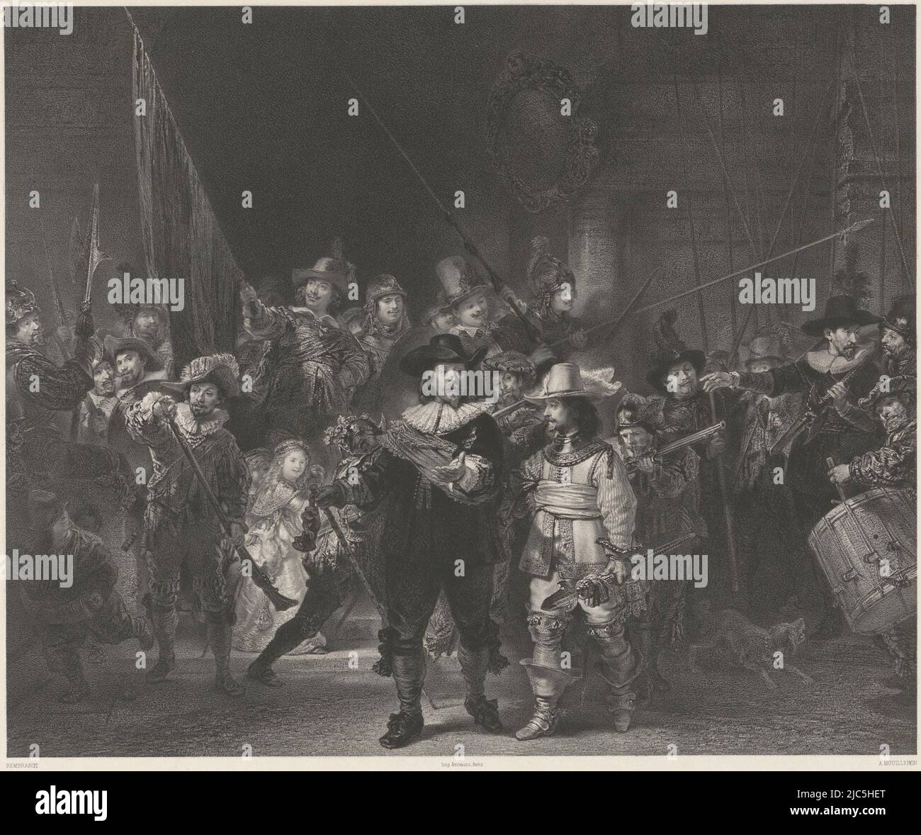 Nachtwache die Nachtwache, nach Rembrandt. F. Buffa & Zn. Verlag Amsterdam, Druckerei: Adolphe Mouilleron, nach: Rembrandt van Rijn, Verlag: Frans Buffa en Zonen, Frankreich, 1854, Papier, H 398 mm × B 483 mm Stockfoto