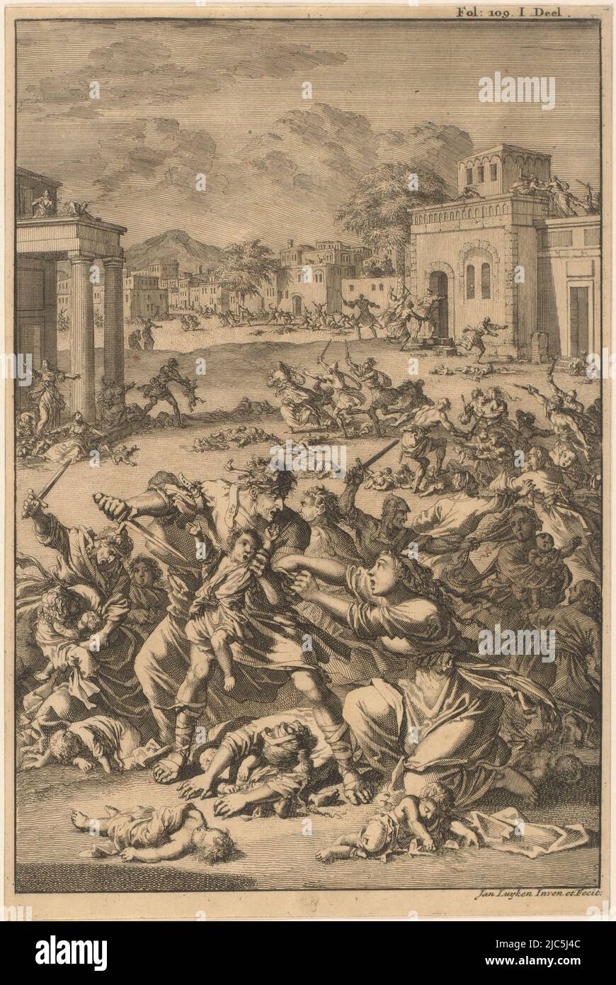 Kindsmord in Bethlehem, Druckerei: Jan Luyken, (auf Objekt erwähnt), Jan Luyken, (auf Objekt erwähnt), Verlag: Willem Broedelet, Amsterdam, 1700, Papier, Radierung, H 272 mm × B 185 mm Stockfoto