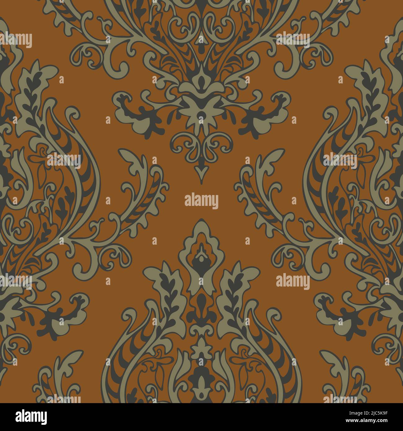 Nahtloses Vektor-Muster mit Vintage-Blüte auf braunem Hintergrund. Florales Tapete-Design im viktorianischen Stil. Dekorative Barock Mode Textil. Stock Vektor