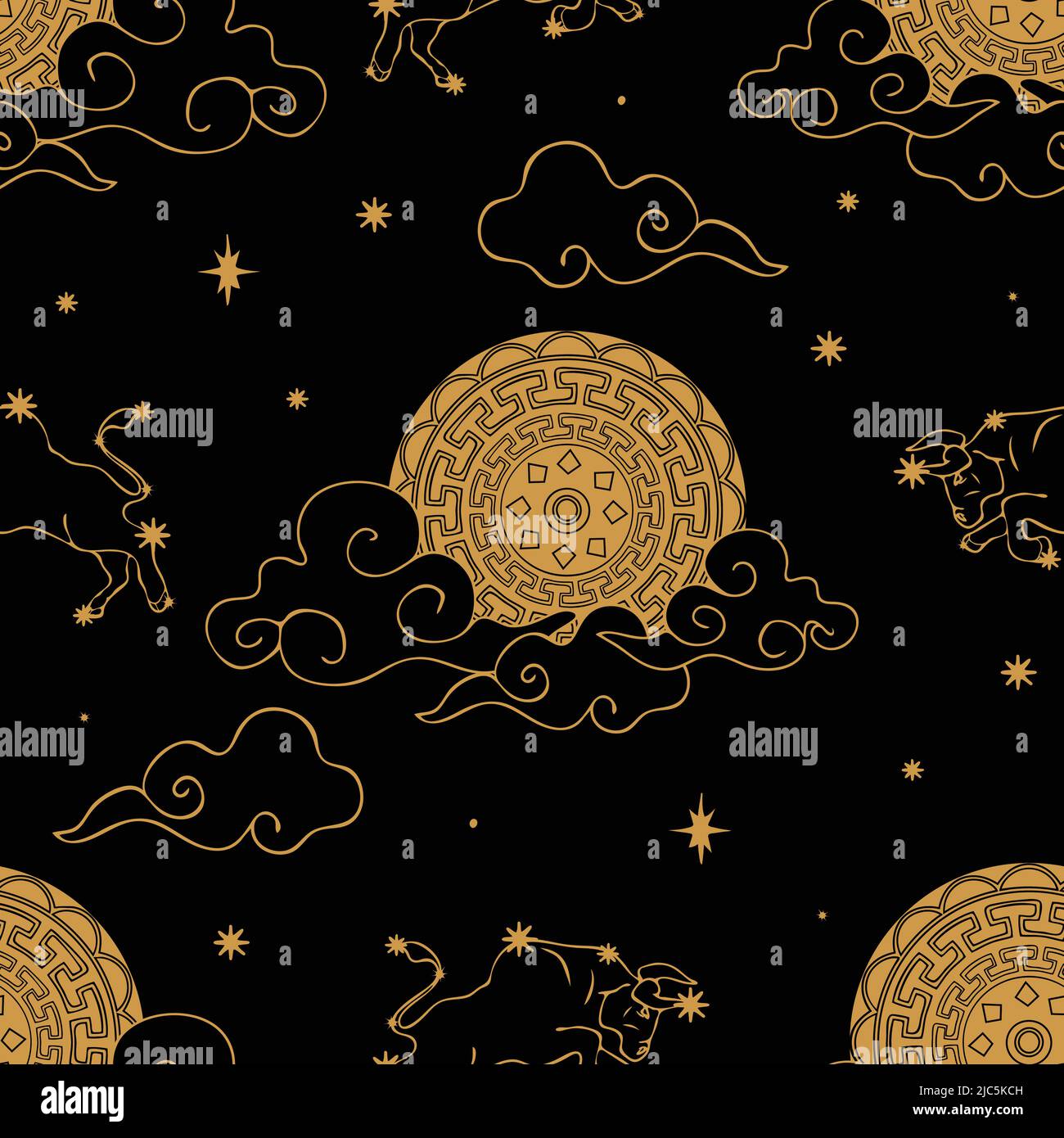Nahtloses Vektormuster mit goldenem Tierkreismond auf schwarzem Hintergrund. Astrologie Himmel Tapete Design. Taurus Horoskop Mode Textil. Stock Vektor