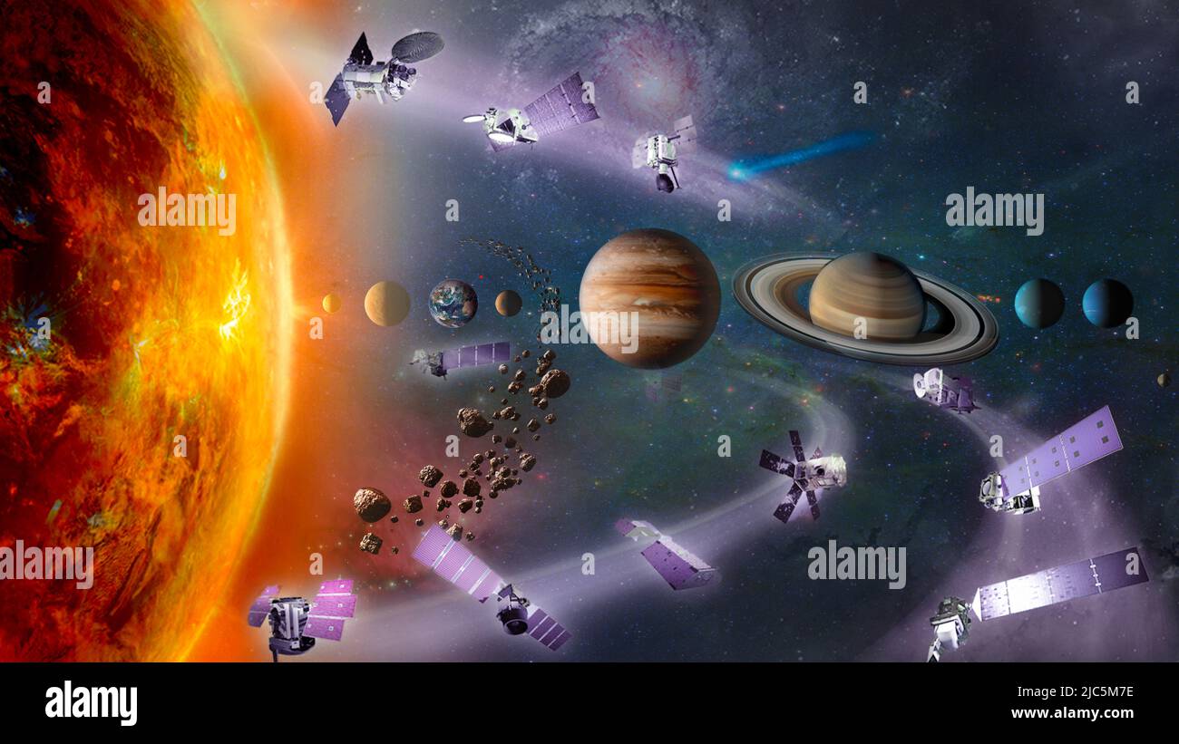 Konzept der Weltraumforschung. Viele Raumschiffe im Sonnensystem. Elemente dieses Bildes, die von der NASA eingerichtet wurden. Stockfoto