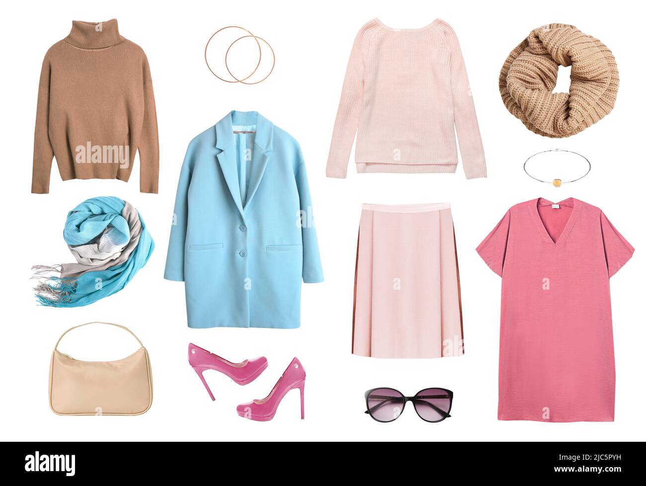 Frauenkleidung isoliert. Mode Mädchen tragen.Moderne Kleidung, bunte Aussicht.Sammlung von weiblichen Kleidung. Lässiger Damentuch. Stockfoto