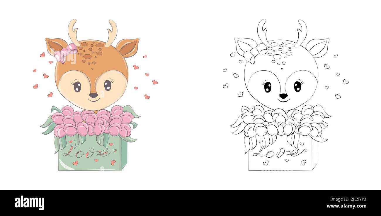 Cliparts Hirse Multicolor und Schwarz-Weiß. Niedliche Clip Art Hirse in einer Geschenkbox mit Tulpen. Vektor-Illustration eines Tieres für Aufkleber, Baby Stock Vektor