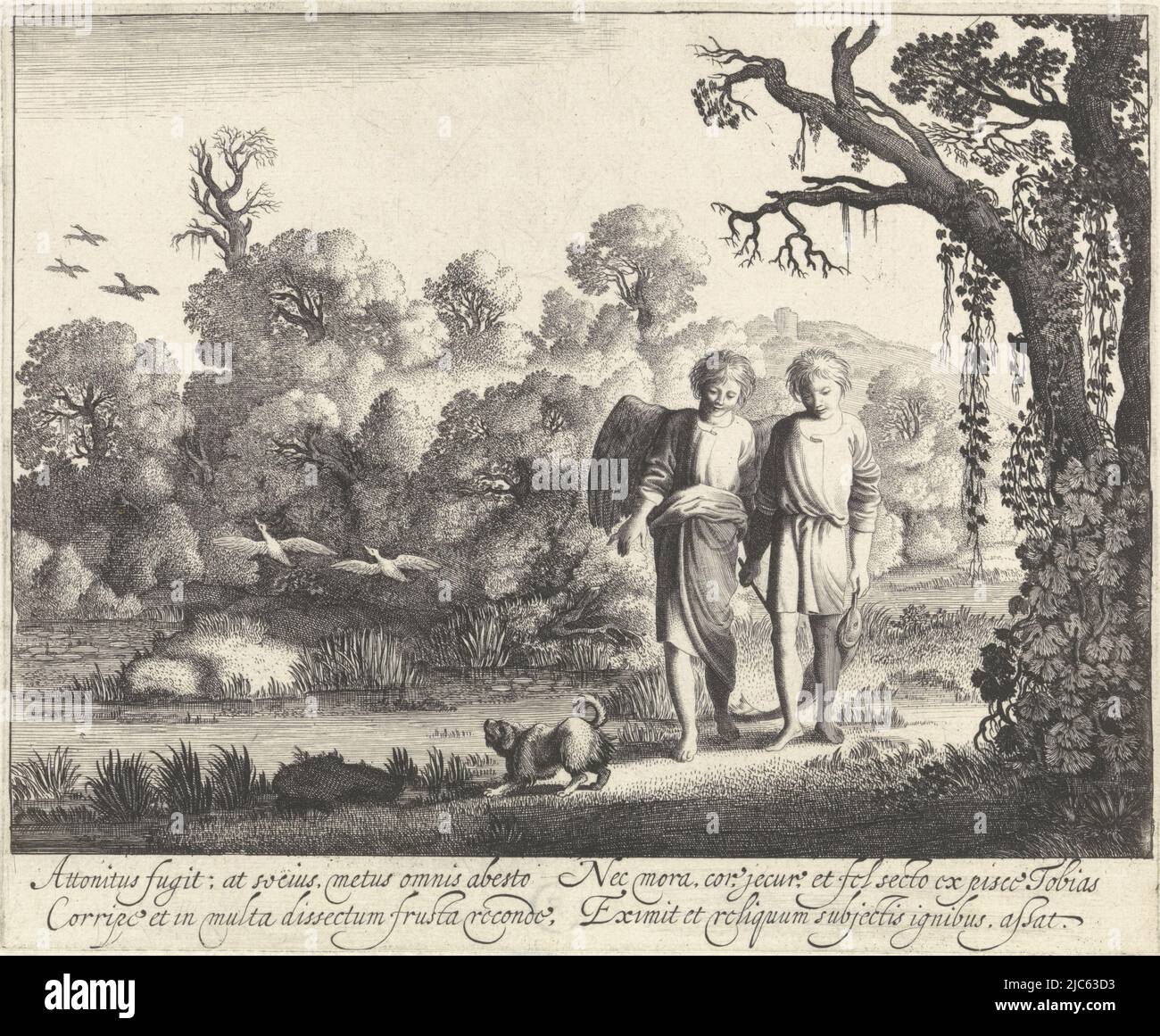 Tobias und der Engel Raphael setzen ihre Reise fort, Tobias trägt den Fisch, den er gefangen hat. Dritter Druck aus einer Serie von vier über die biblische Geschichte Tobias, Tobias mit dem Fisch setzt seine Reise mit Raphael Story of Tobias (Serientitel) fort, Druckerei: Jan van de Velde (II), Moyses van Wtenbrouck, Nordholland, 1603 - 1641, Papier, Radierung, Gravur, H 171 mm × B 208 mm Stockfoto