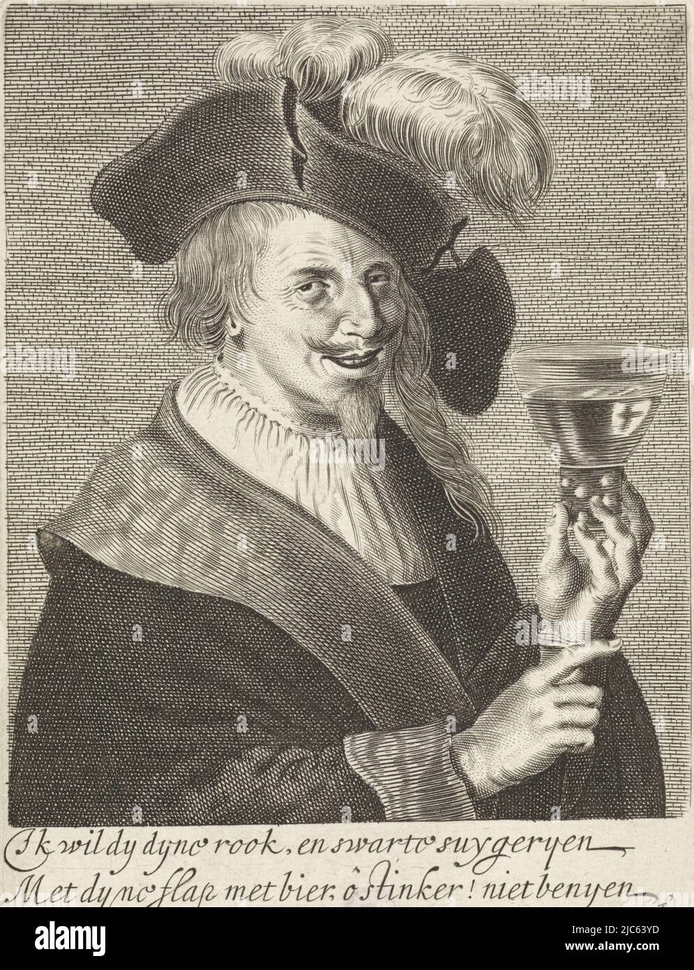 Als Mann in einem altmodischen Kostüm ist er als Lucas van Leyden gekleidet und hält ein Gerücht. Er spricht von seiner Vorliebe für Wein gegenüber Bier und Tabak. Zwölfter Druck aus einer Serie von achtzehn, man with a Rommer Mirror of Vanity (Serientitel) Spigel, ofte Toneel der ydelheyd en ongebondenheyd onser eeuwe (Serientitel auf Objekt), Druckerei: Jan van de Velde (II), Jan van de Velde (II), Samuel Ampzing, Amsterdam, 1633, Papier, Radierung, Gravur, H 170 mm × B 117 mm Stockfoto