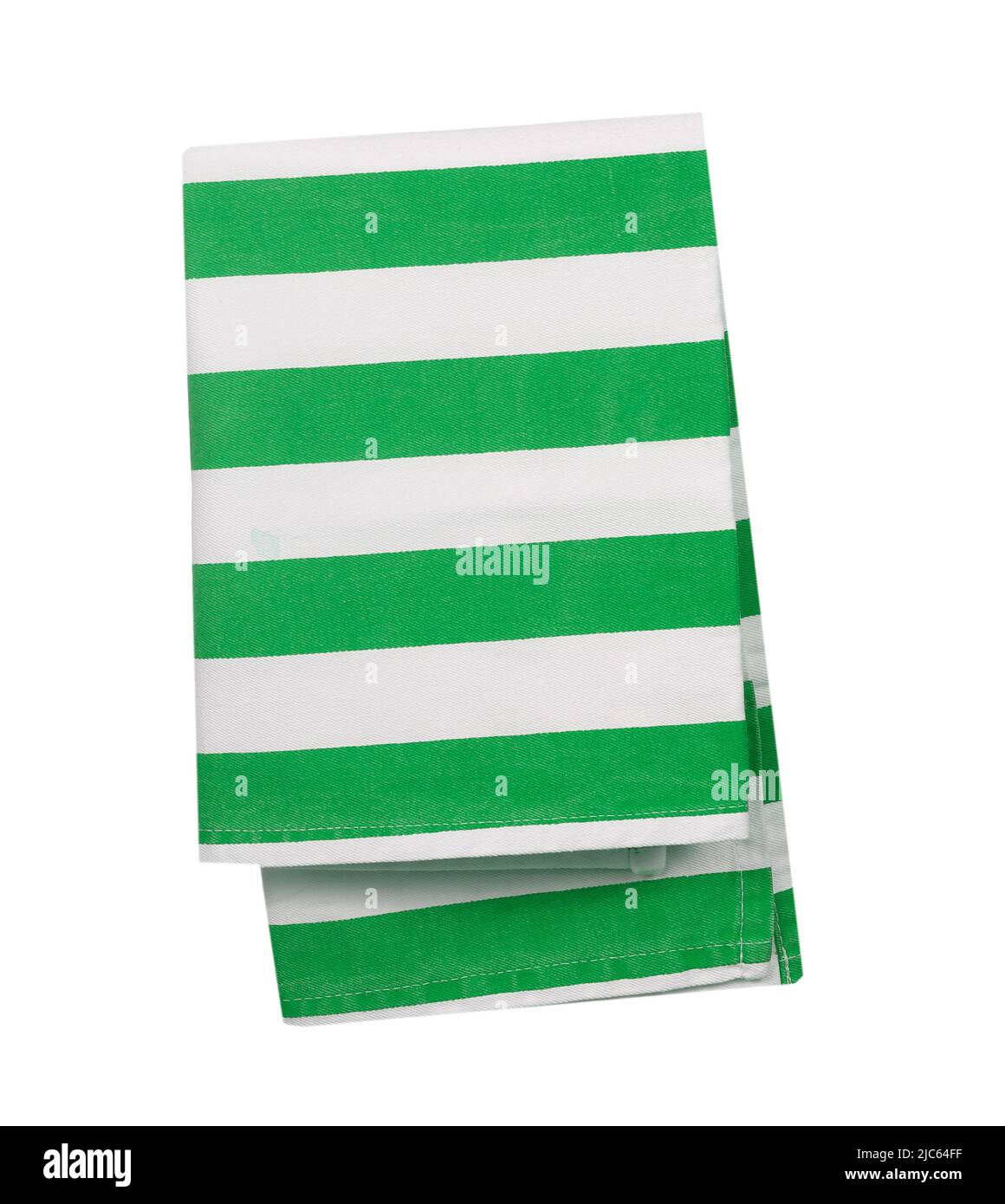 Gefaltetes Küchentuch isoliert auf weiß.Grüne Streifen weiße inländische Serviette.Baumwolltuch weihnachten dekoratives Element. Stockfoto