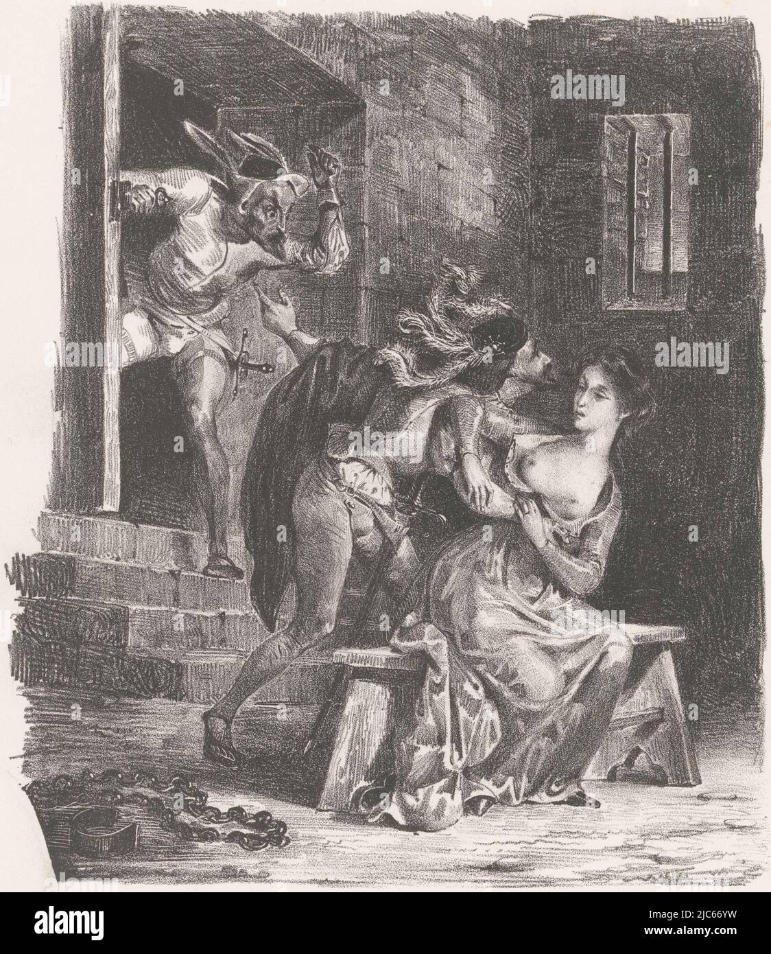 Faust versucht Gretel zu überreden, aus dem Kerker zu fliehen Faust: Reviens à toi! UN seul pas et tu es libre (...) Faust (Serientitel) Faust, tragédie de M. de Goethe (Serientitel), Druckerei: Eugène Delacroix, (Objektbezeichnung), Druckerei: Charles Etienne Pierre Motte, Druckerei: Goyer & Hermet, (Objektbezeichnung), Paris, 1828, Papier, H 484 mm × B 321 mm Stockfoto