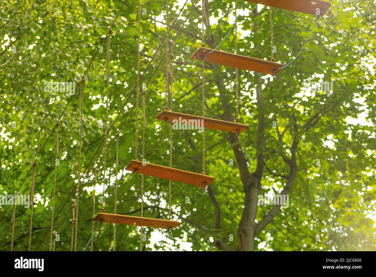 Hängeleiter im Seilpark. Holztreppen an Seilen. Holztreppe. Stockfoto