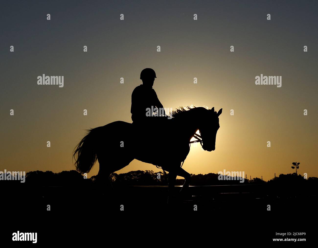 Elmont, Usa. 10.. Juni 2022. Die Pferde gehen einen Tag vor dem Belmont Stakes Lauf 154. in Elmont, New York, am Freitag, den 10. Juni 2022, auf einer Übungsstrecke bei Sonnenaufgang. Foto von John Angelillo/UPI Credit: UPI/Alamy Live News Stockfoto