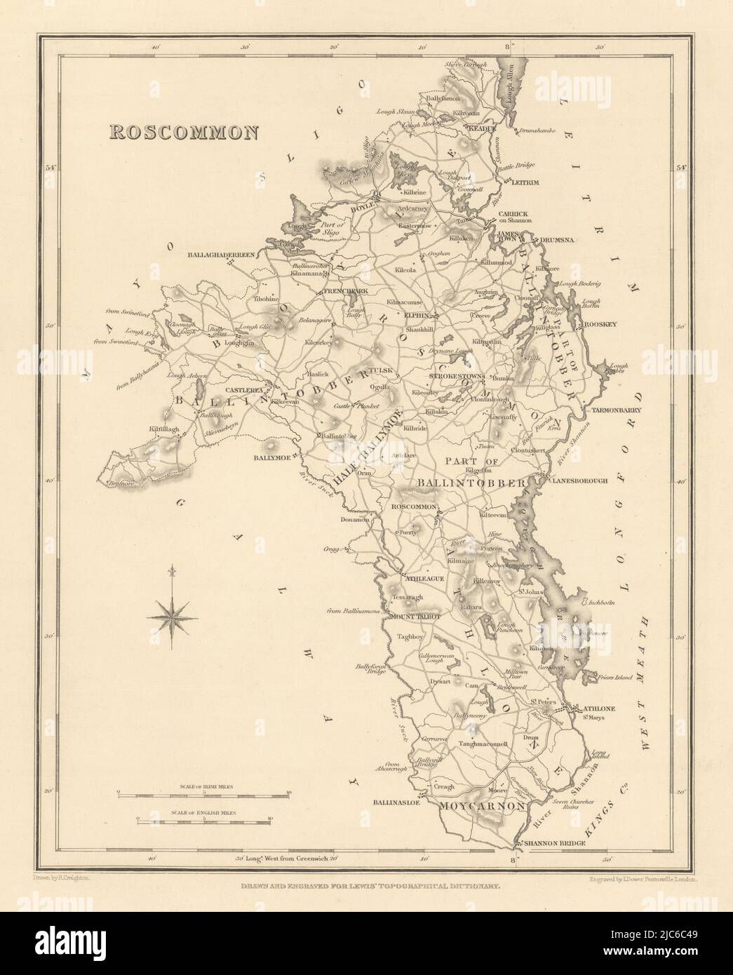 GRAFSCHAFT ROSCOMMON antike Landkarte für LEWIS von CREIGHTON & DOWER - Irland 1837 Stockfoto