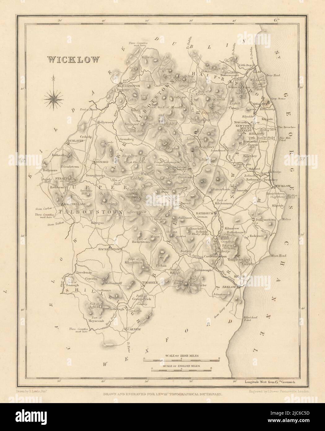 GRAFSCHAFT WICKLOW antike Landkarte von LEWIS von DOWER - Irland 1837 alt Stockfoto