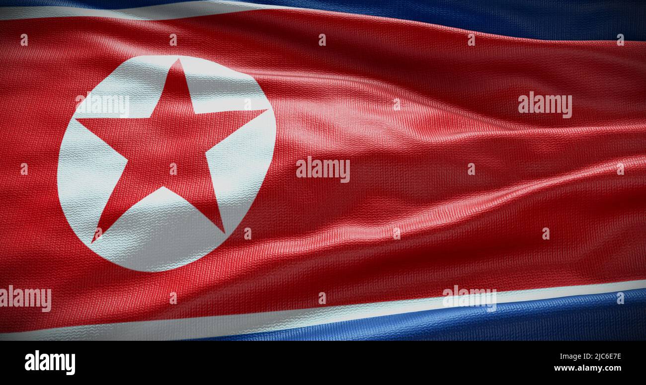 Darstellung der Nationalflagge Nordkoreas im Hintergrund. Symbol des Landes. Stockfoto