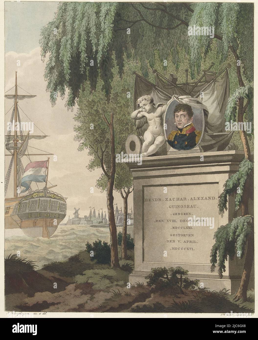 Im Vordergrund ein Denkmal mit Inschrift und dem Porträt von Henry Zacharias Alexander Guinoseau. Das Porträt wird von einem weinenden Engel gehalten Guinoseau trägt die Navy Uniform, Büste links. Eine weinende Weide überschattet das Grab. Im Hintergrund die Umrisse einer Stadt und der Kriegsfrigate Euridice. Der Druck hat ein niederländisches Gedicht., Denkmal für Hendrik Zacharias Alexander Guinoseau mit Porträt, Druckerei: Jan Willem Caspari, (auf Objekt erwähnt), Zeichner: Jan Kamphuijsen, (auf Objekt erwähnt), Jan Kamphuijsen, (auf Objekt erwähnt), Druckerei: Amsterdam Stockfoto Im Vordergrund ein Denkmal mit Inschrift und dem Porträt von Henry Zacharias Alexander Guinoseau. Das Porträt wird von einem weinenden Engel gehalten Guinoseau trägt die Navy Uniform, Büste links. Eine weinende Weide überschattet das Grab. Im Hintergrund die Umrisse einer Stadt und der Kriegsfrigate Euridice. Der Druck hat ein niederländisches Gedicht., Denkmal für Hendrik Zacharias Alexander Guinoseau mit Porträt, Druckerei: Jan Willem Caspari, (auf Objekt erwähnt), Zeichner: Jan Kamphuijsen, (auf Objekt erwähnt), Jan Kamphuijsen, (auf Objekt erwähnt), Druckerei: Amsterdam Stockfoto