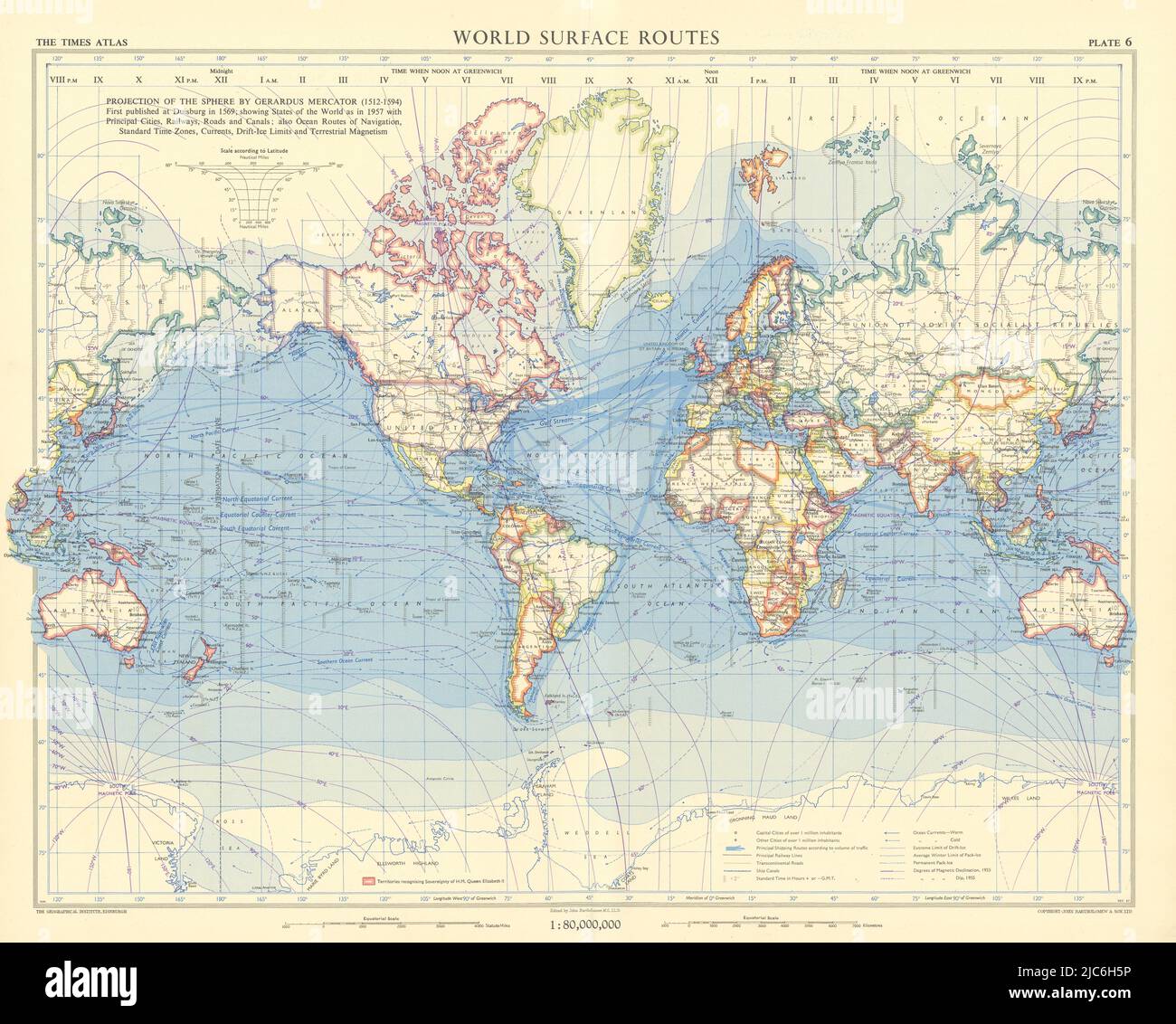 Routen über die Weltoberfläche. Schifffahrt und Eisenbahn. British Commonwealth. TIMES 1958 Karte Stockfoto