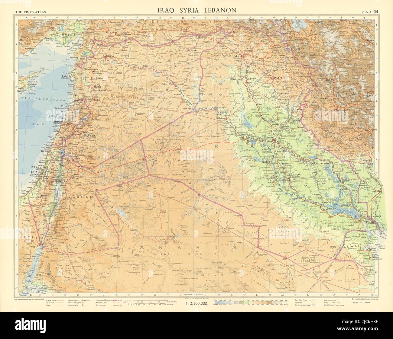 Naher Osten Und Levant. Irak Syrien Libanon Jordanien Israel Arabien. TIMES 1959 Karte Stockfoto