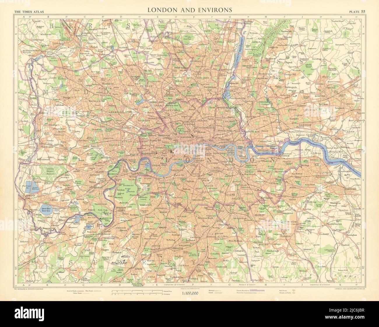 Großraum London. Eisenbahnen kanals Stromübertragungsleitungen. TIMES 1955 Karte Stockfoto