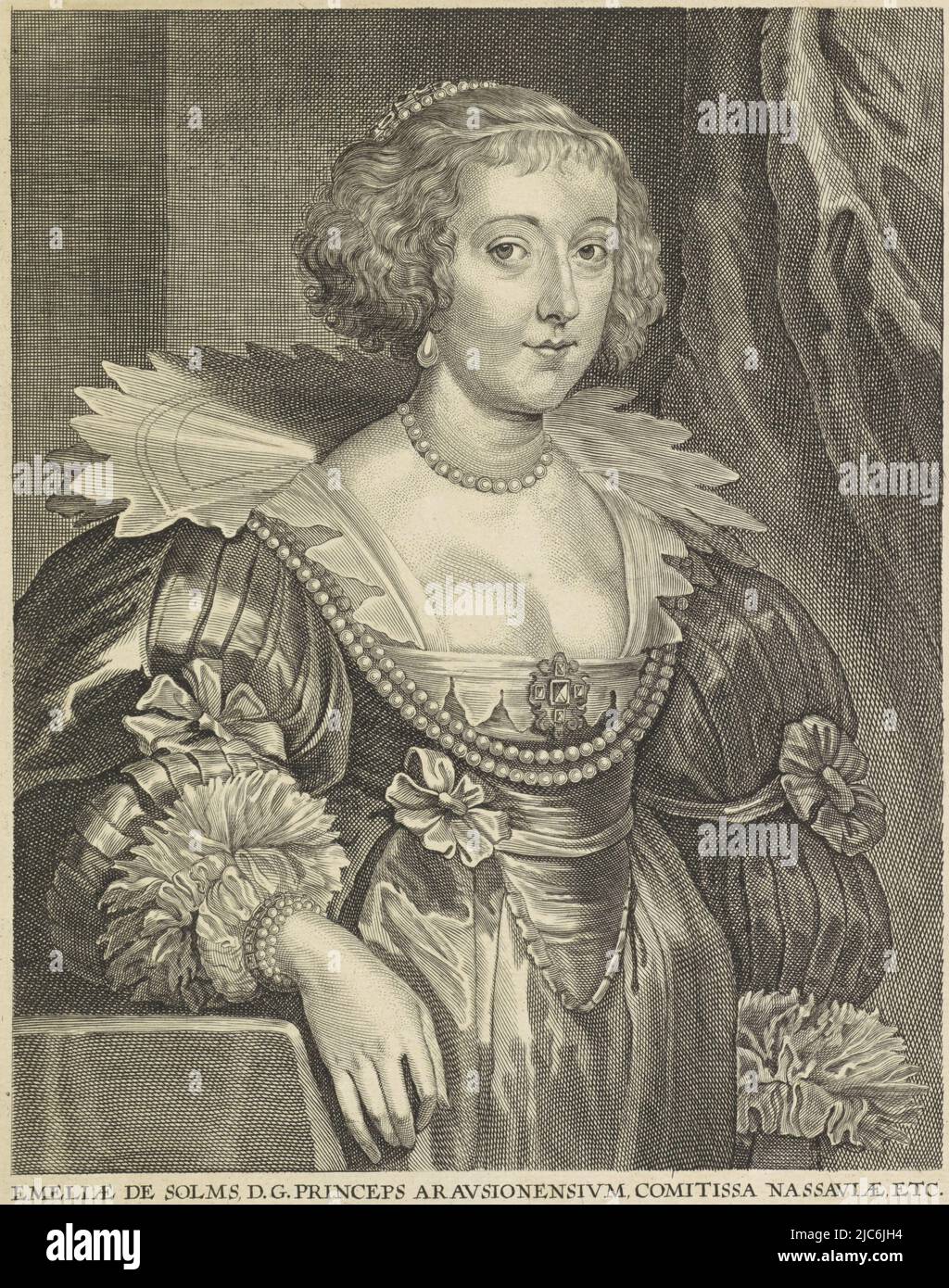 Porträt von Amalia van Solms, Prinzessin von Oranien-Nassau. Am Rand eine zweizeilige lateinische Beschriftung., Porträt von Amalia van Solms, Prinzessin von Oranien-Nassau, Druckerei: Coenraet Waumans, (auf Objekt erwähnt), nach: Anthony van Dyck, (auf Objekt erwähnt), Antwerpen, 1633 - 1673, Papier, Gravur, H 255 mm × B 194 mm Stockfoto