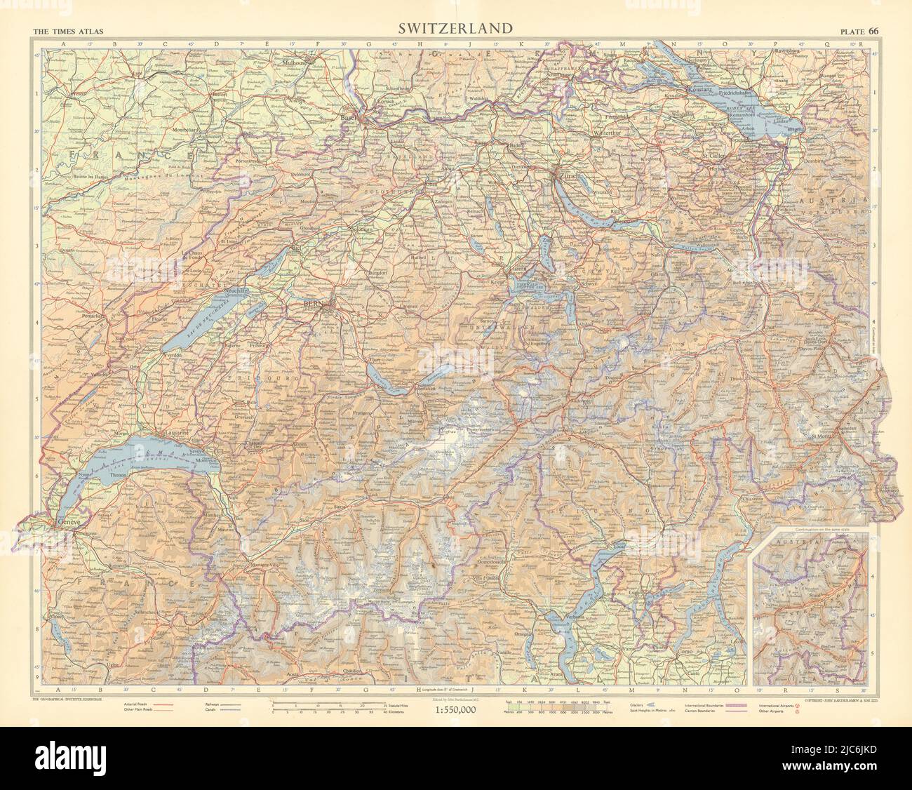Die Schweiz zeigt Gletscher. TIMES 1955 alte vintage Karte Plan Chart Stockfoto