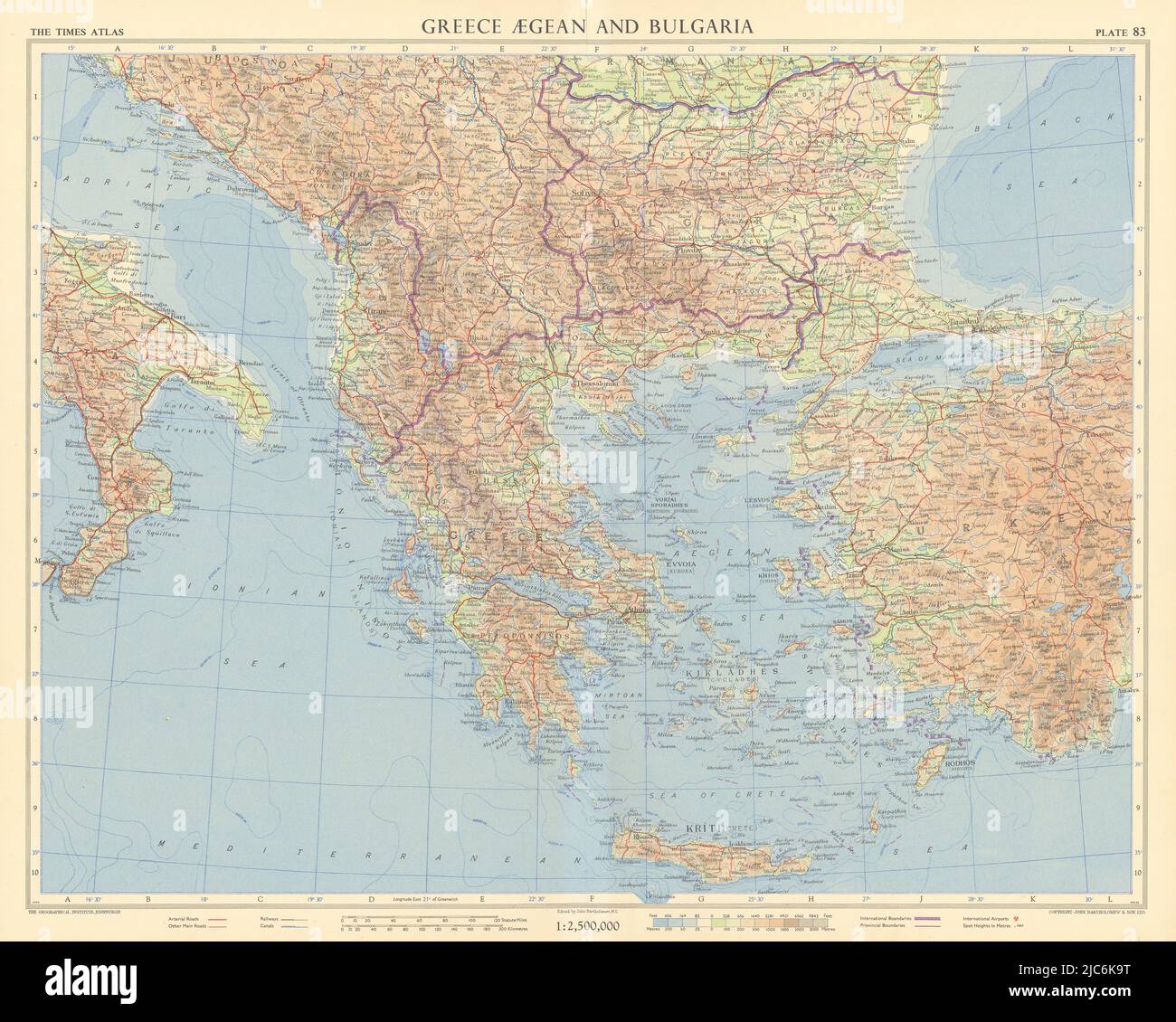 Griechenland Ägäis Bulgarien Jugoslawien Balkan. Südosteuropa. TIMES 1956 Karte Stockfoto