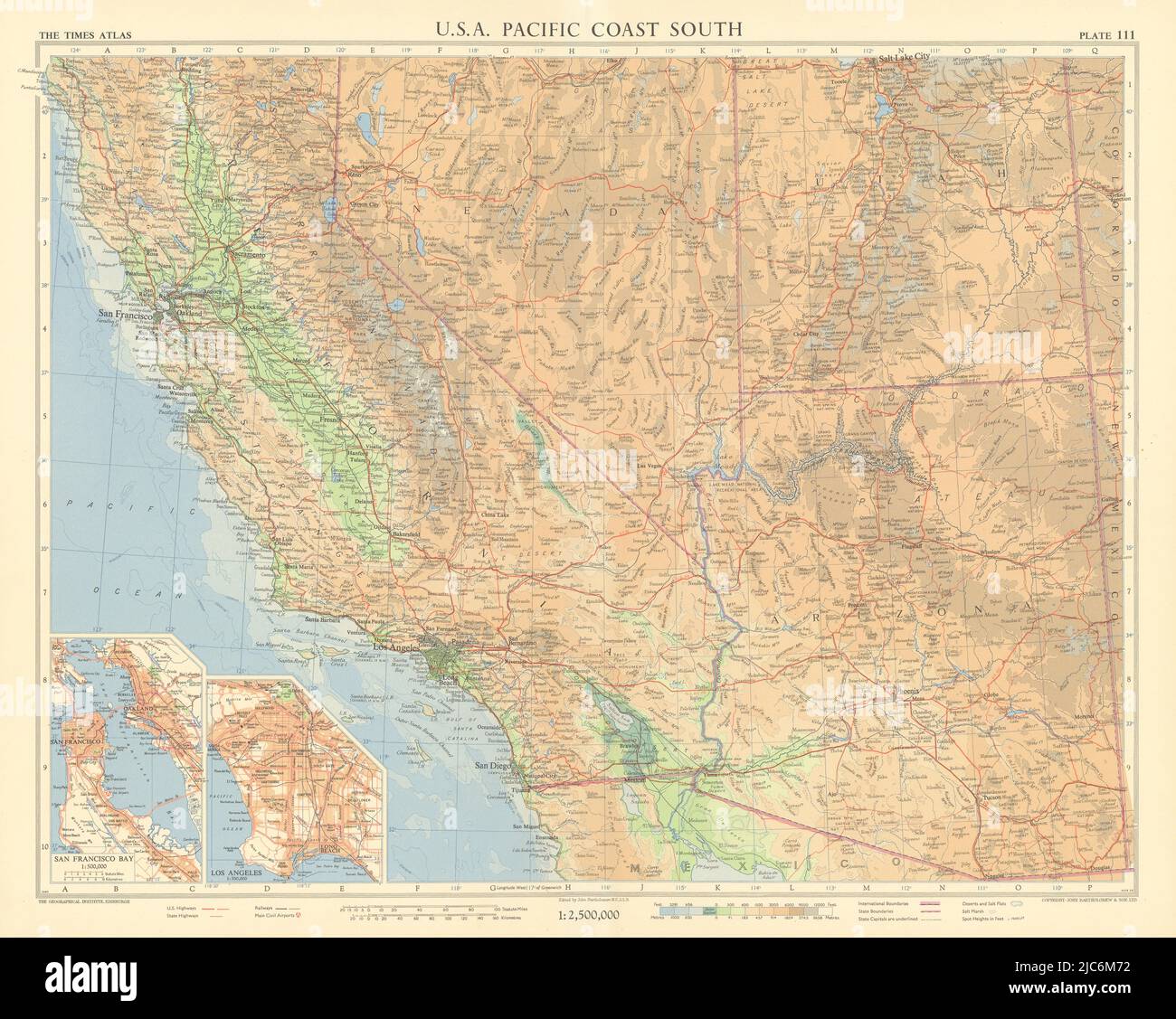 USA Pazifik Südwesten. Kalifornien, Arizona, Nevada, Utah. TIMES 1957 alte Karte Stockfoto