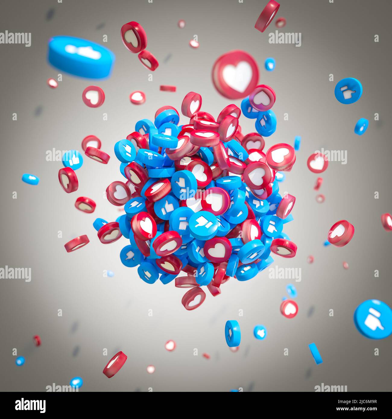 Aggregation von Likes und Icons mit Herzen auf grauem Hintergrund. Social-Media-Konzept. 3D Rendern Stockfoto
