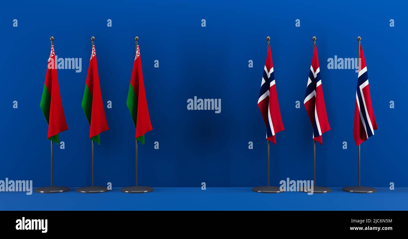 Weißrussland und Norwegen, Flagge Weißrussland und Flagge Norwegen, Gipfel Weißrussland vs Norwegen, 3D Arbeit und 3D Illustration. Stockfoto