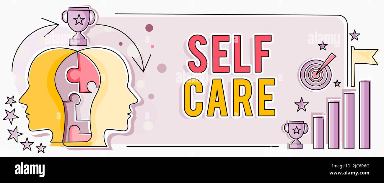 Handschrift Text Self Care. Business-Schaufenster Geben Sie Ihrem eigenen Körper Komfort ohne professionellen Berater zwei Köpfe Connected Puzzle Showing Solving Stockfoto