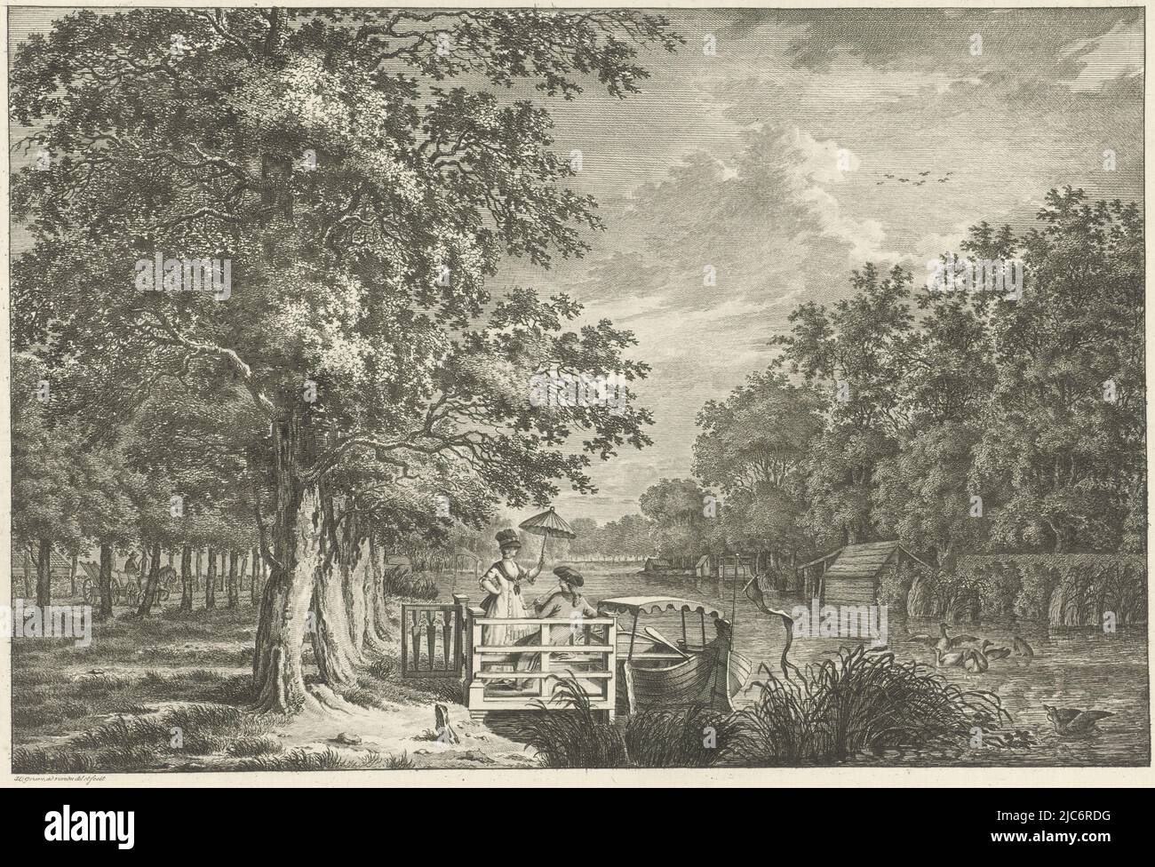 Das Ufer des Flusses Gein in der Nähe von Amsterdam. Im Vordergrund ein Paar an einem Steg. Die Frau trägt einen Sonnenschirm. Der Mann raucht eine Pfeife, Landschaft mit einem Paar am Ufer des Gein., Druckerei: Jan Evert Grave, (auf Objekt erwähnt), Zeichner: Jan Evert Grave, (auf Objekt erwähnt), Amsterdam, 1769 - 1805, Papier, Radierung, Gravur, H 256 mm × B 365 mm Stockfoto
