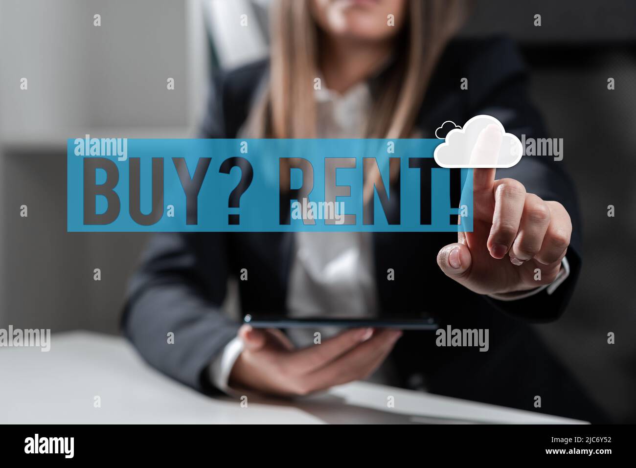 Textschild mit der Anzeige Kauffrage Miete. Business Concept Group, die Informationen über die Vermietung von Häusern gibt -47242 Stockfoto