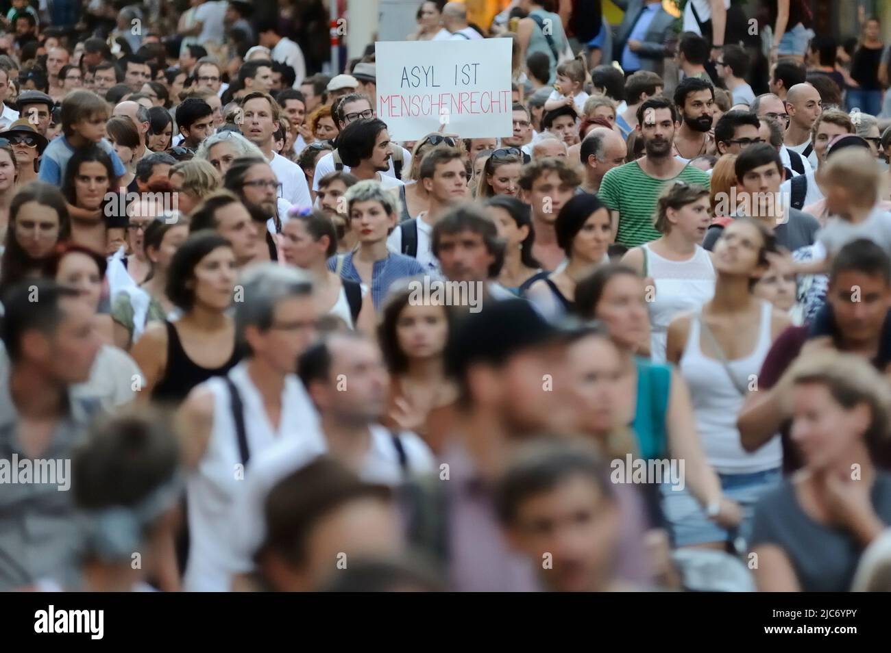 Wien, Österreich. 31. August 2015. Demonstration Mensch sein in Osterreich. Protest Gegen Die Einwanderung. Plakette „Asyl ist ein Menschenrecht“ Stockfoto