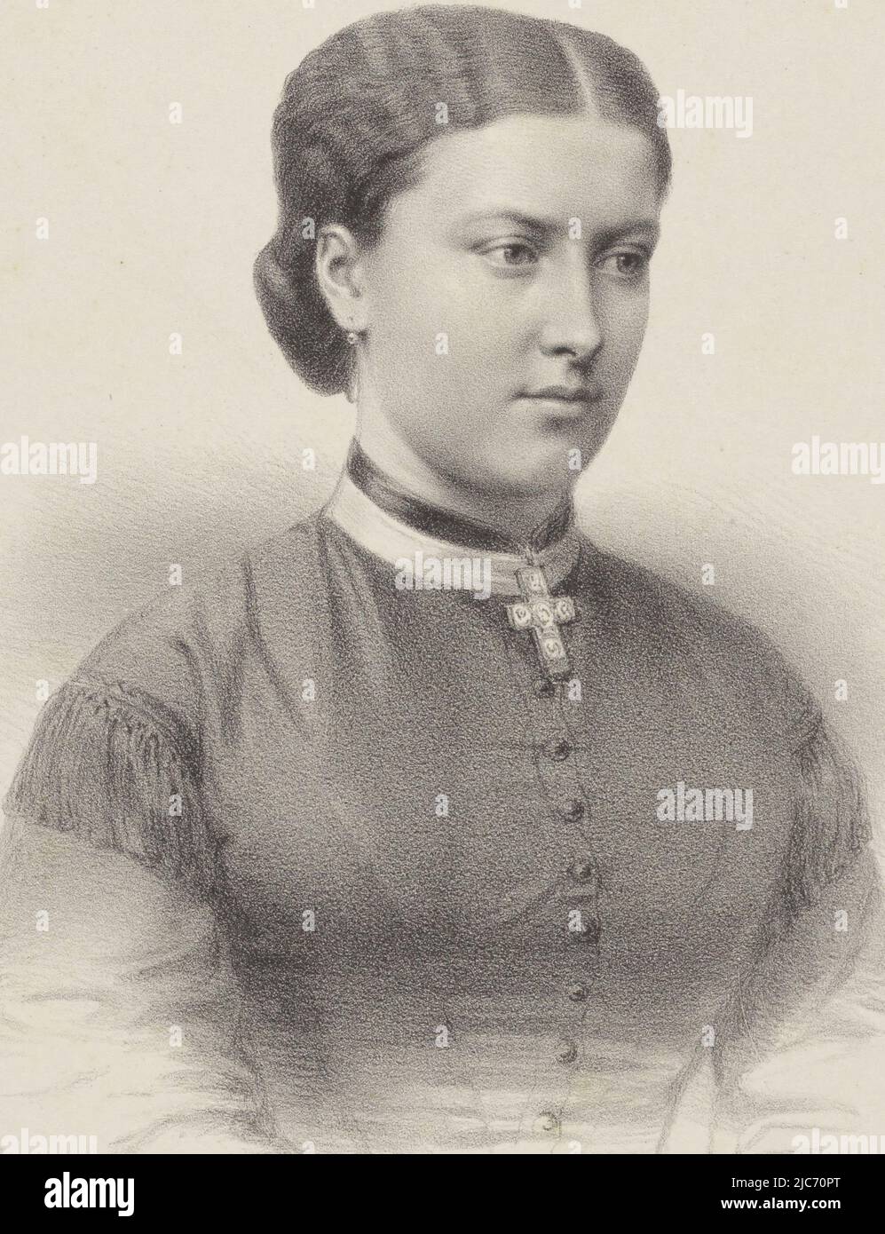 Das Motiv trägt ein Band mit einem Anhänger in Form eines Kreuzes um den Hals, Porträt der Prinzessin Helena von Sachsen-Coburg Prinzessin Helena, Druckerei: Adrien Canelle, (auf Objekt erwähnt), Drucker: Samuel Lankhout, (auf Objekt erwähnt), Den Haag, 1856 - 1867, Papier, H 546 mm - B 430 mm Stockfoto