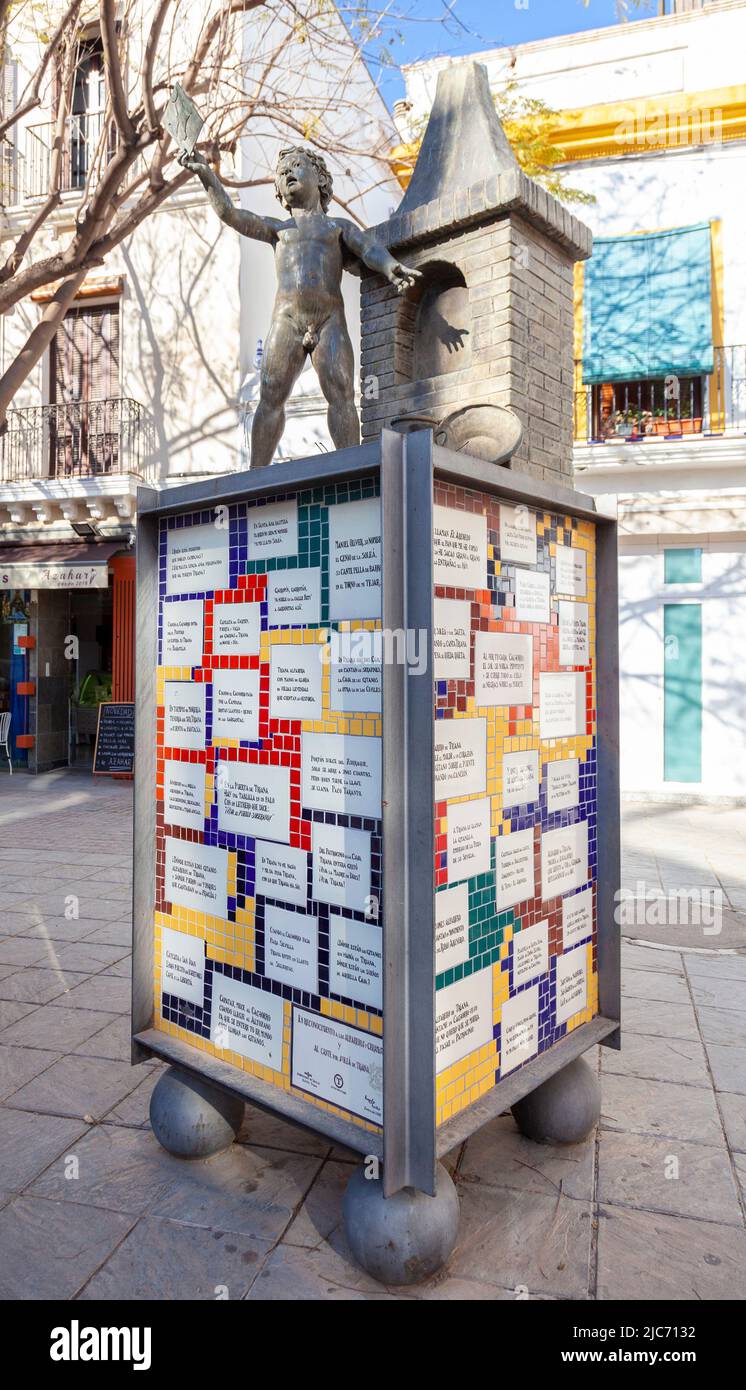 Monument 'en reconocimiento a los alfareros y ceramistas y al cante por soleá de Triana' (in Anerkennung der Töpfer Keramiker & Soleá Sänger. Stockfoto