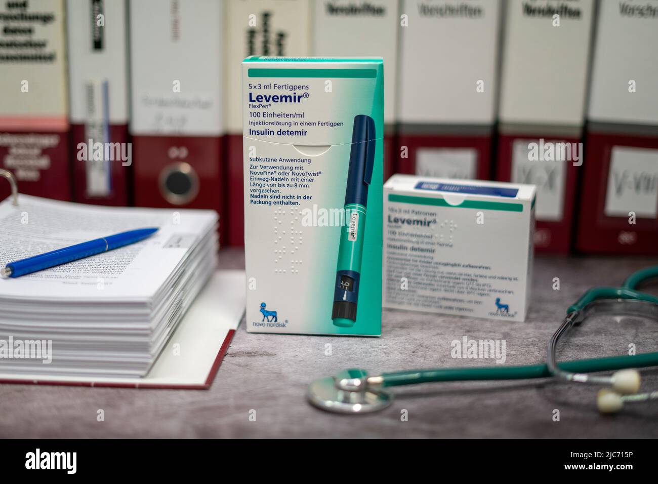 Levemir-Box mit basalem Insulin zur Behandlung von Typ-2-Diabetes. Stockfoto