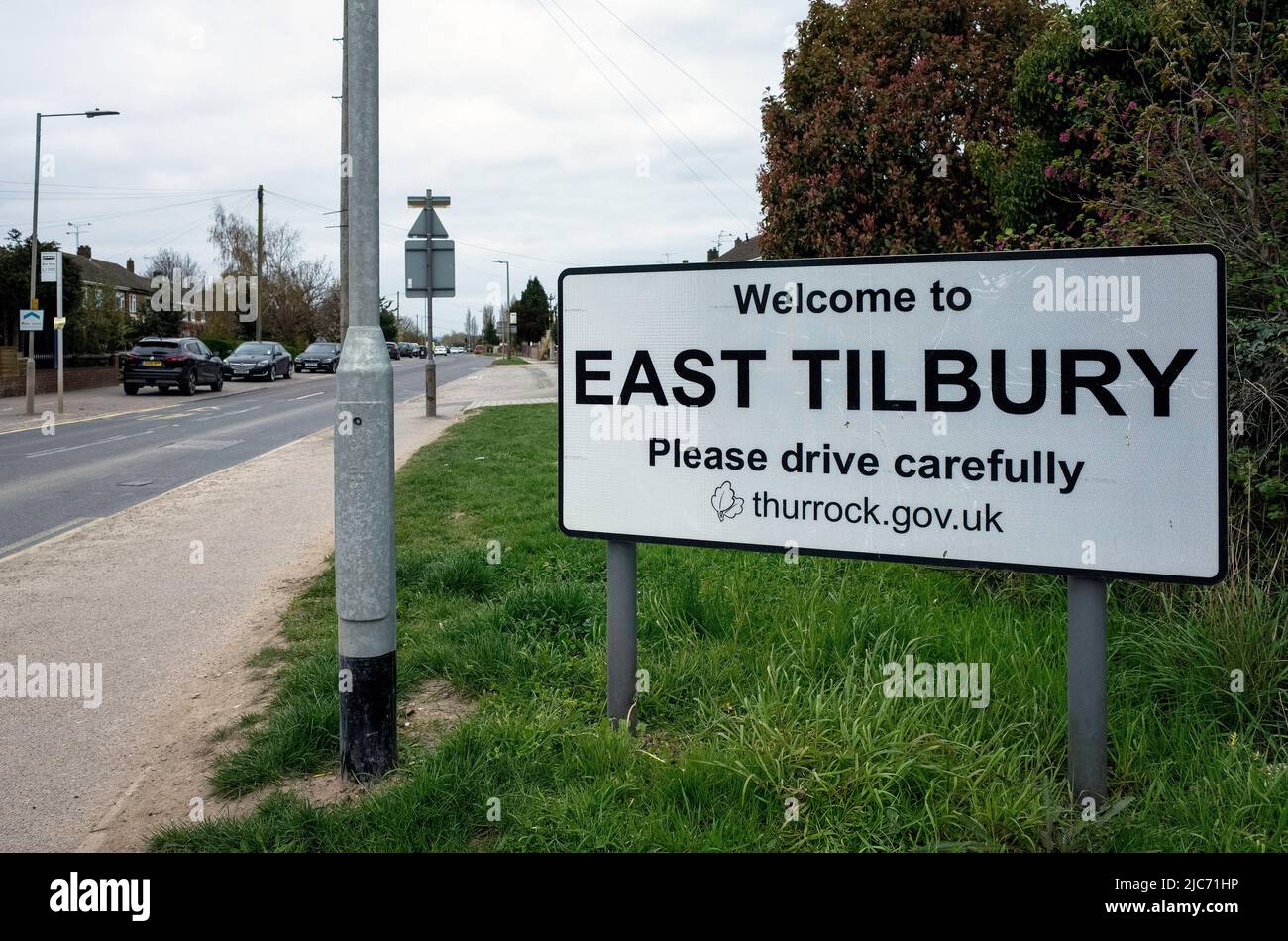 Willkommen beim Straßenschild East Tilbury in Thurrock, Essex. Stockfoto