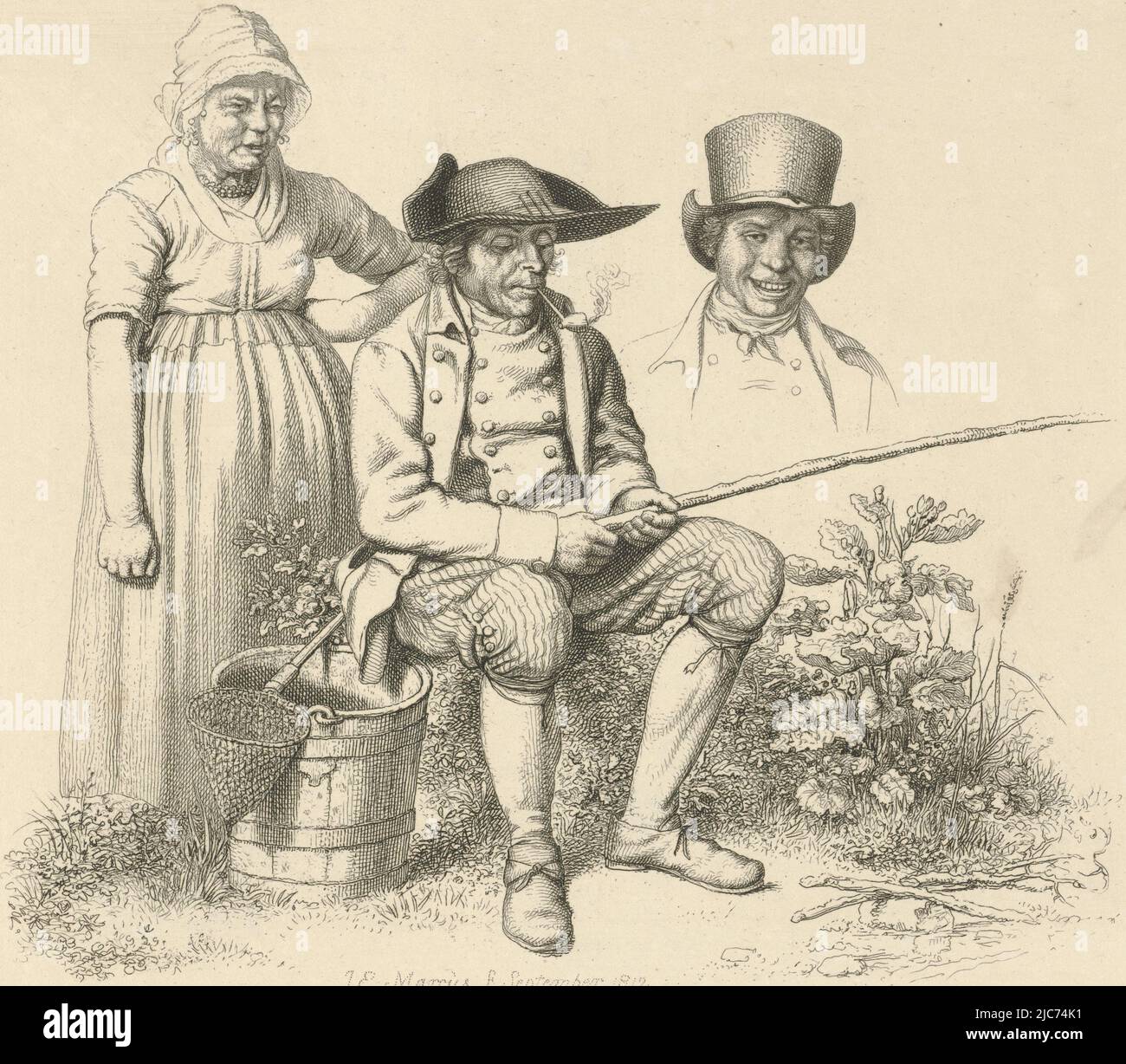 Arbeitsblatt mit einem sitzenden Fischer, der eine Pfeife raucht, einer alten Frau, die mit einer Hand in der Seite steht und einer Büste eines Mannes in einem Zylinderhut, Arbeitsblatt mit einem Fischer, einer Frau und einer Büste eines Mannes Arbeitsgrafik, Etudes grav, Druckerei: Jacob Ernst Marcus, (erwähnt auf Objekt), Amsterdam, Sep-1812, Papier, Ätzung, H 186 mm × B 230 mm Stockfoto